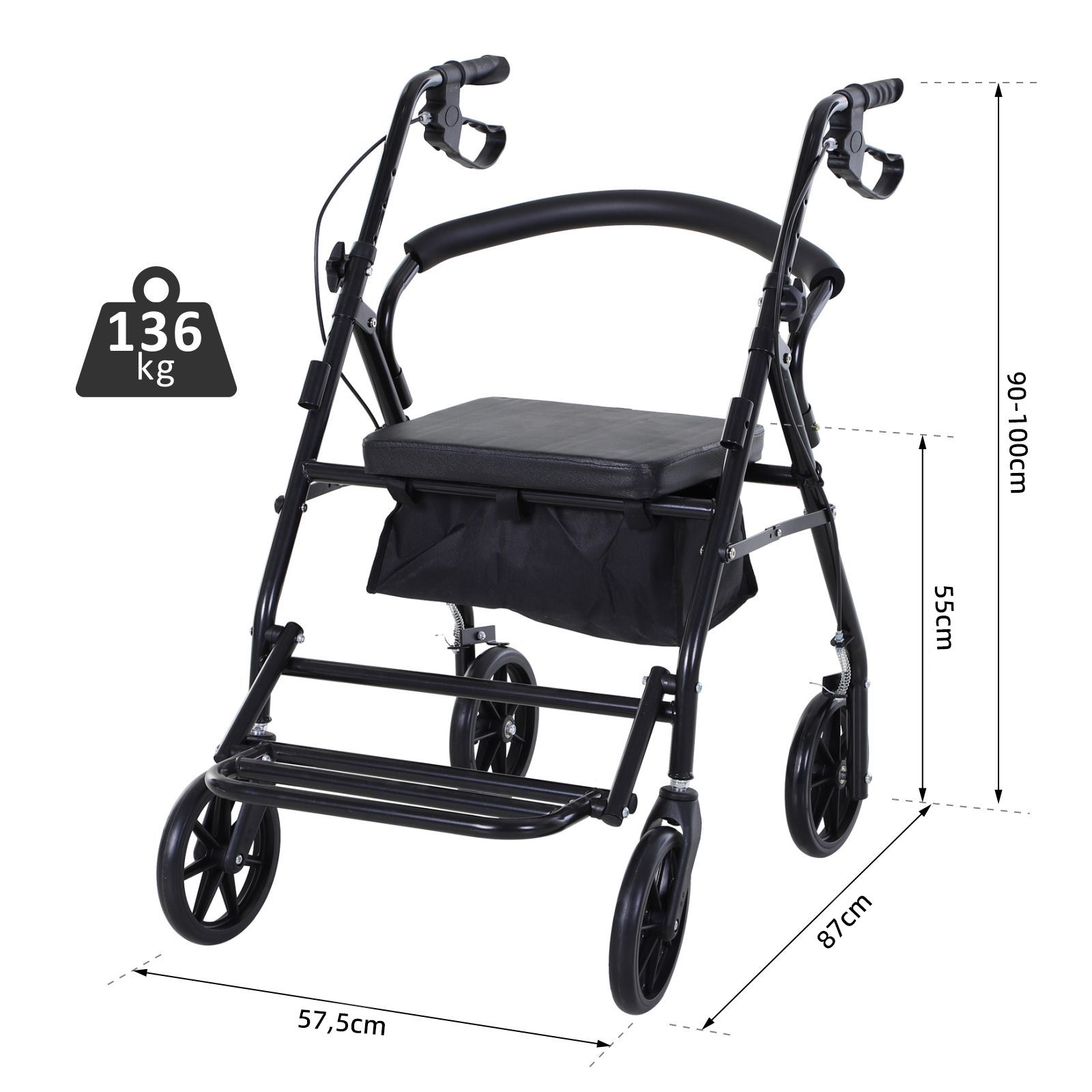 Andador negro con asiento, cesta y dimensiones de altura sobre fondo blanco.