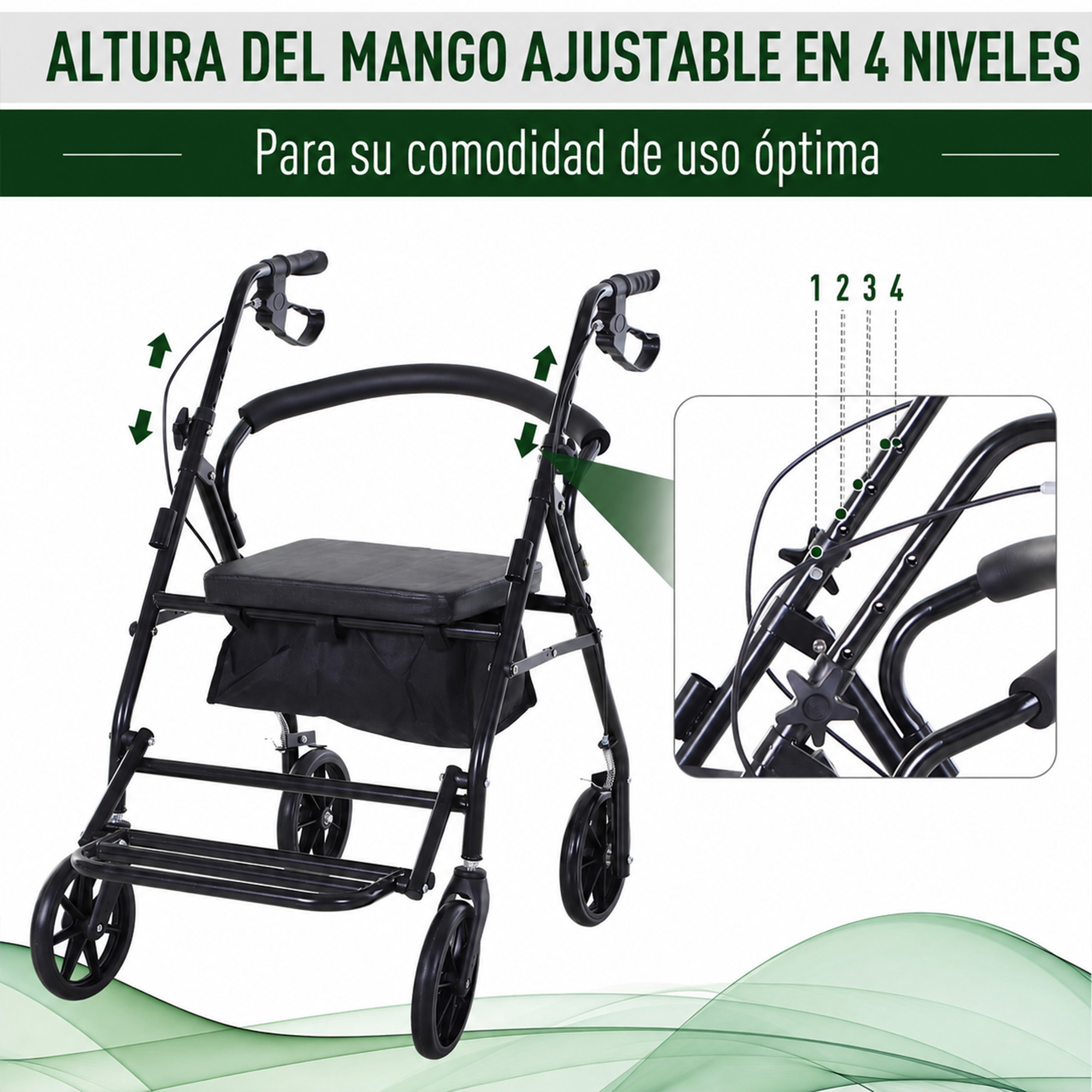 Andador negro con cuatro ruedas, asiento y detalle de ajuste de altura del mango en 4 niveles.