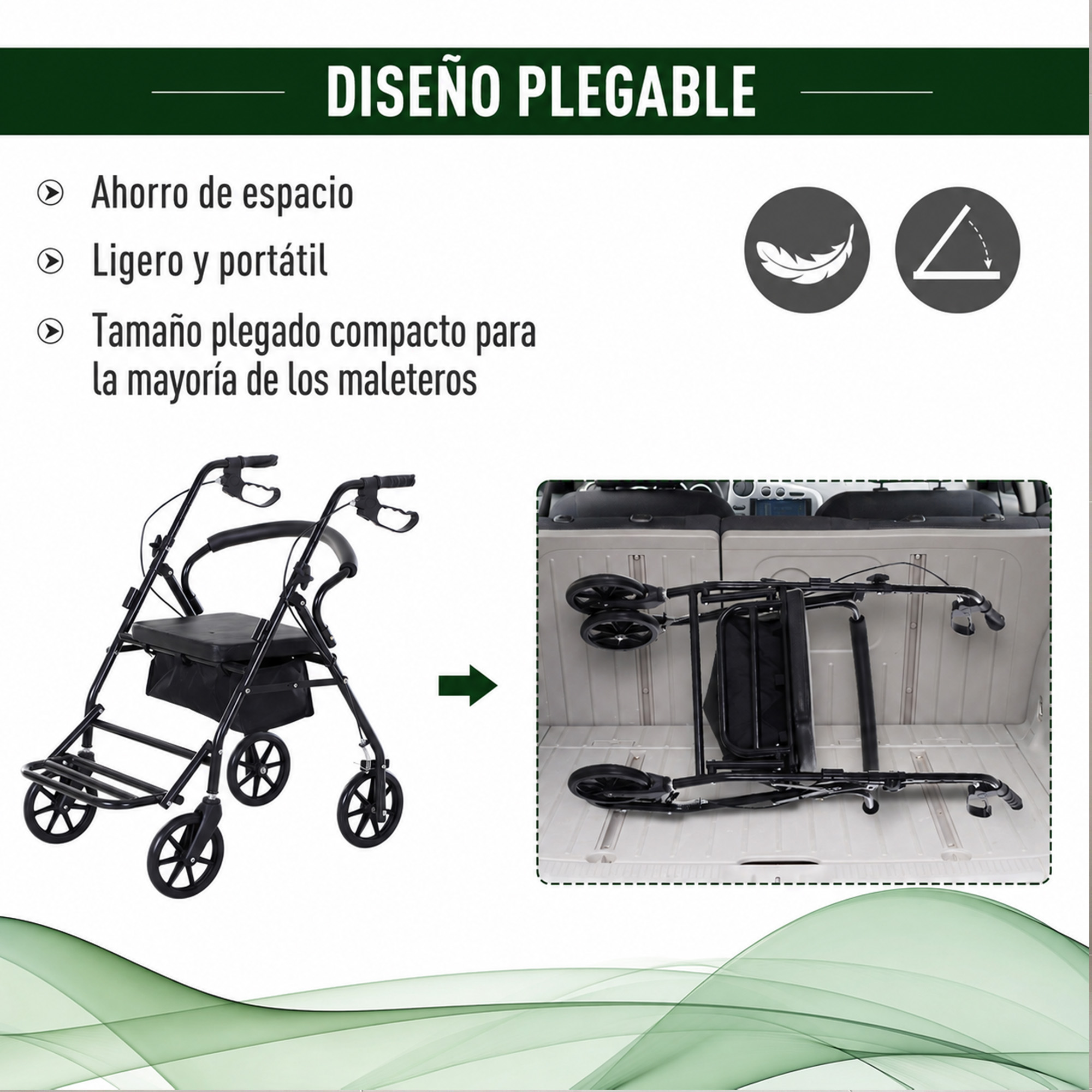 Se muestra un andador negro plegado y guardado en el maletero de un auto, destacando su diseño ahorrador de espacio.