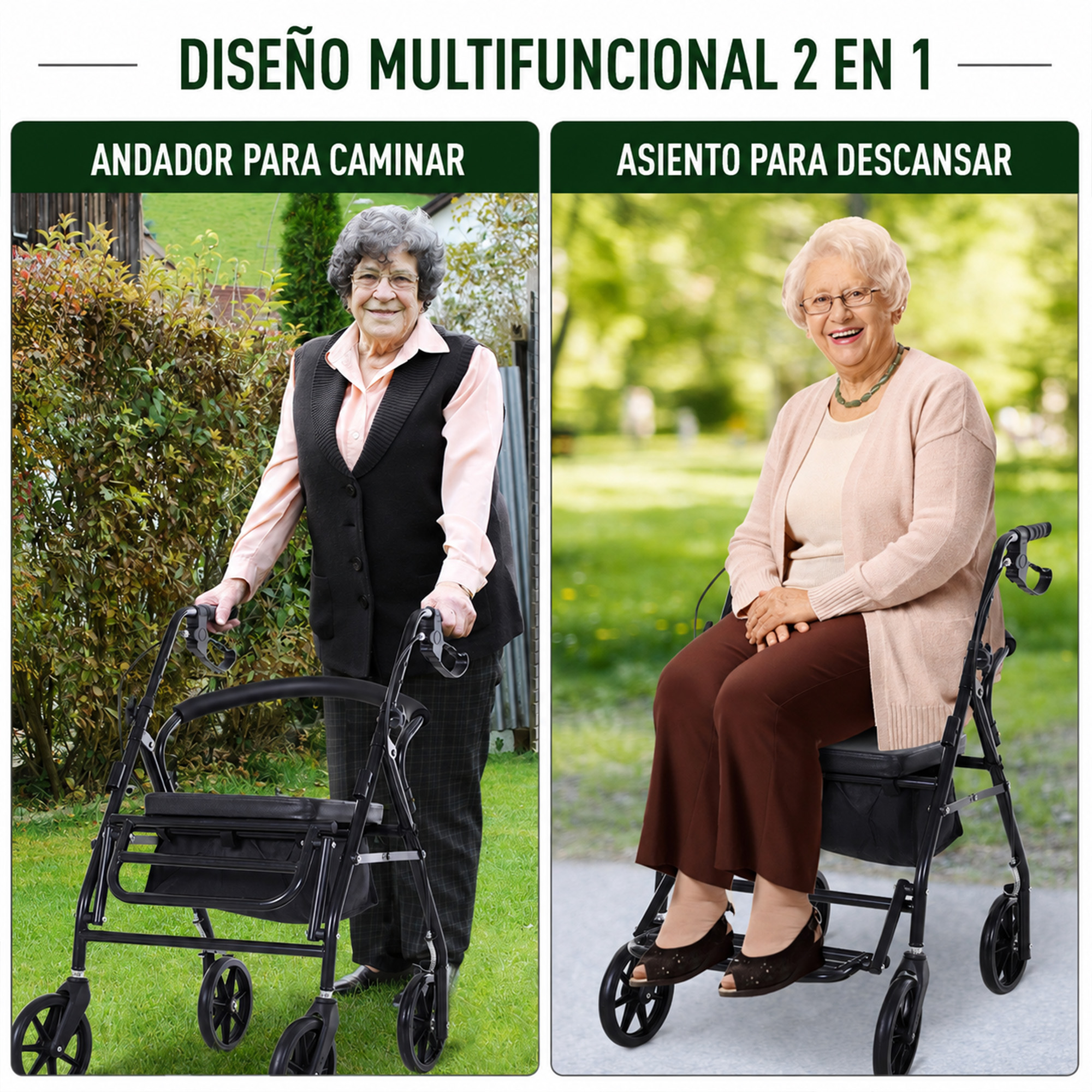 Dos imágenes de un andador multifuncional usado para caminar y como asiento.