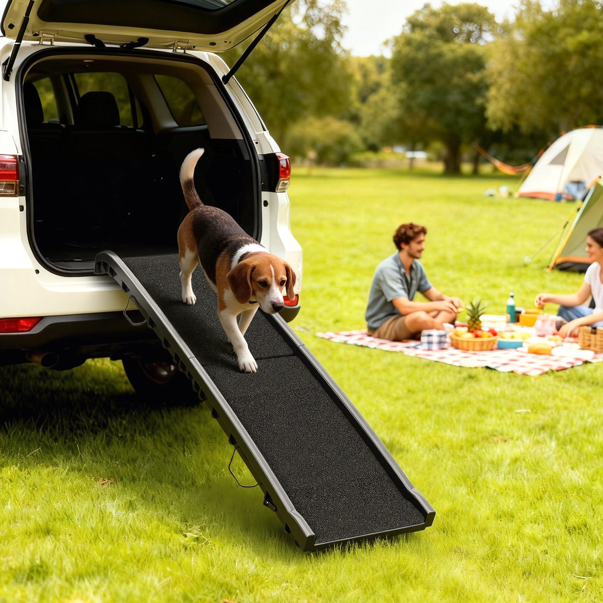 Un perro beagle baja por una rampa desde el maletero de un coche blanco aparcado en la hierba, con una pareja haciendo picnic.
