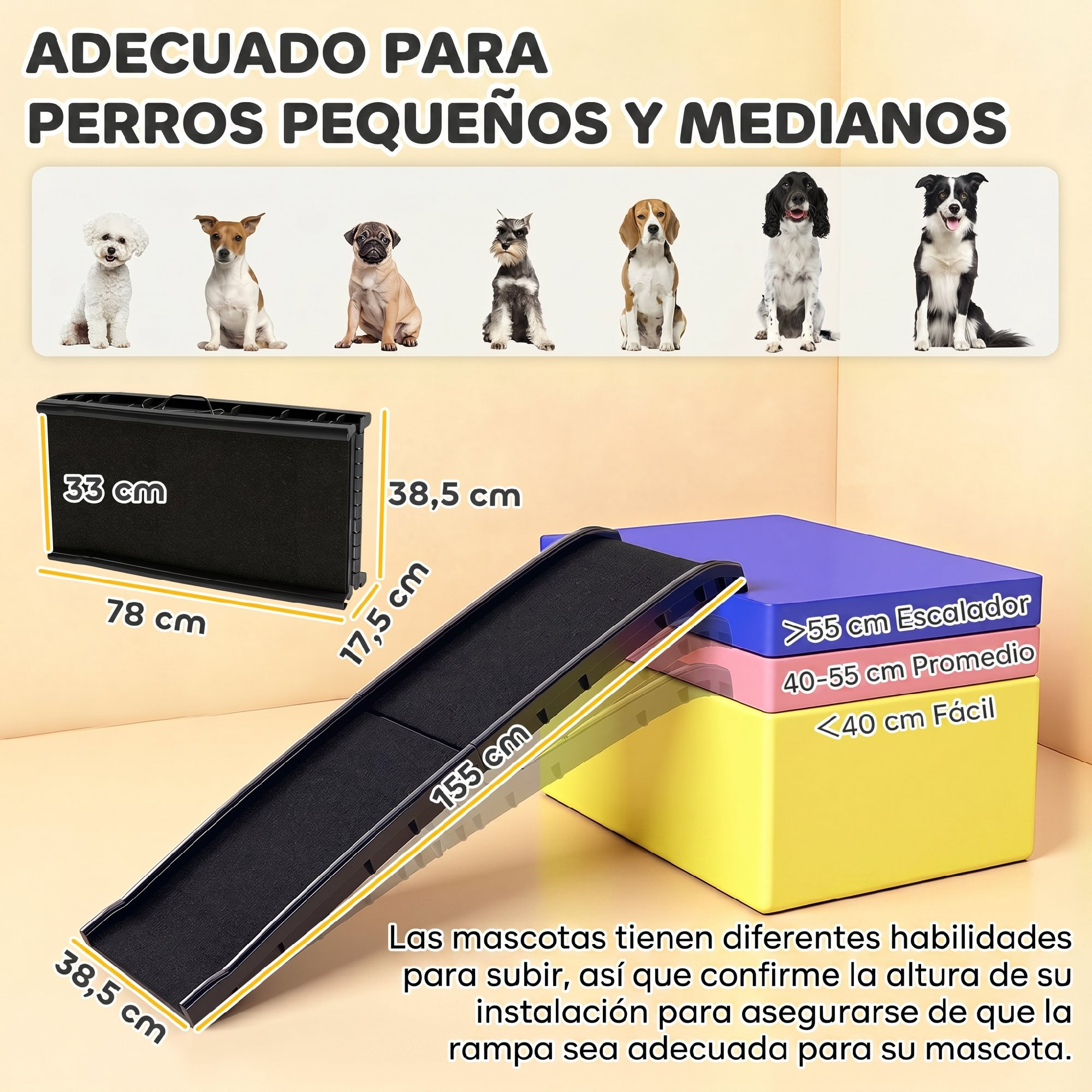 Rampa negra para mascotas con medidas, adecuada para perros pequeños y medianos.