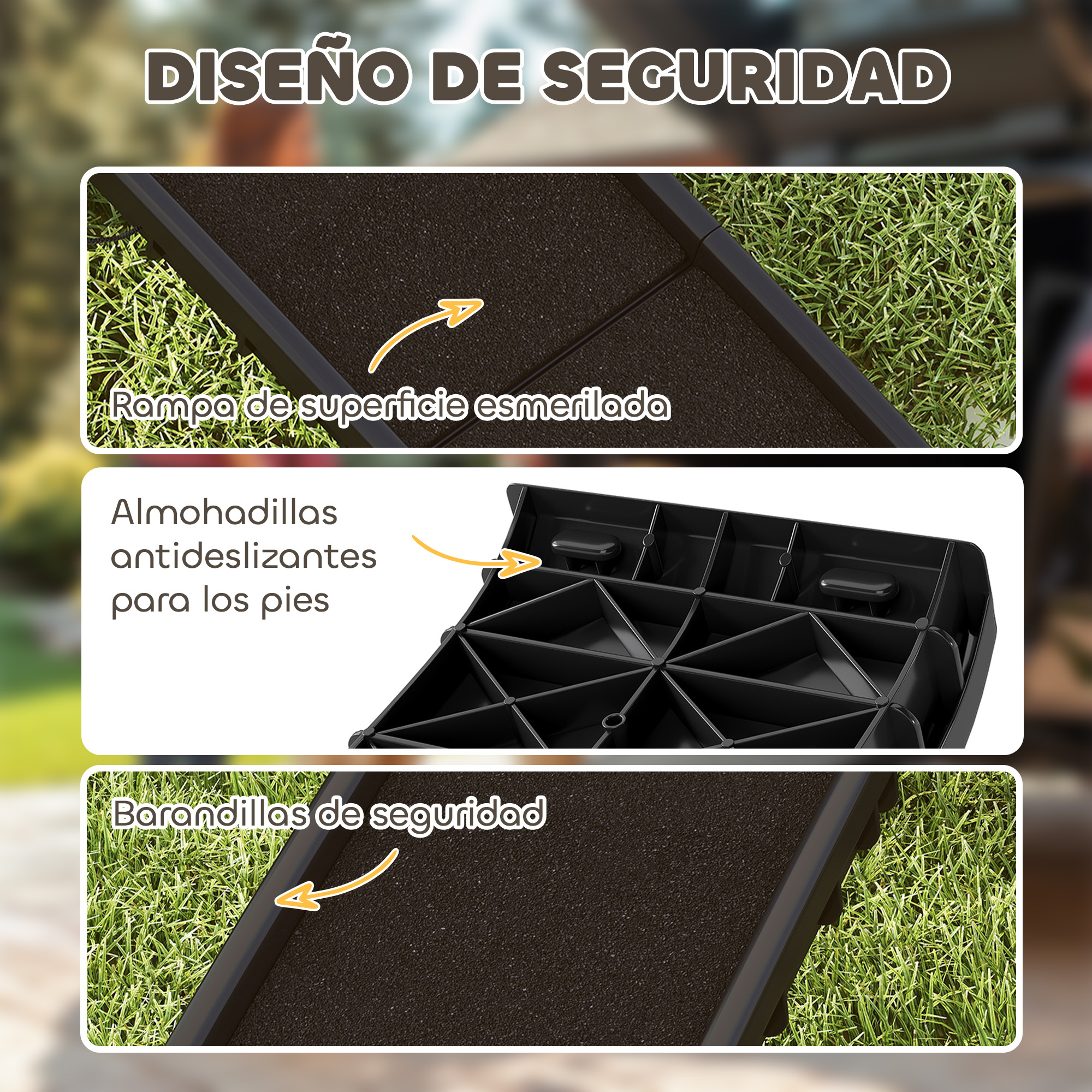 Tres paneles que muestran una rampa de seguridad negra con superficie esmerilada, pies antideslizantes y barandillas.