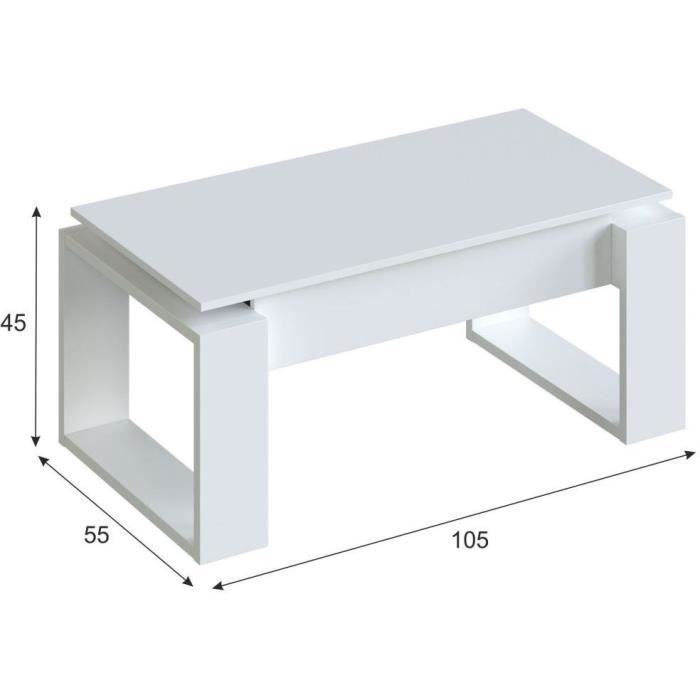 Mesa de centro moderna blanca con dimensiones 105x55x45 cm sobre fondo blanco.