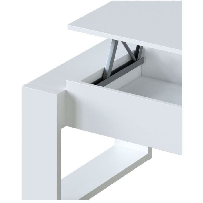 Una mesa de centro blanca con un mecanismo de elevación y compartimento oculto.