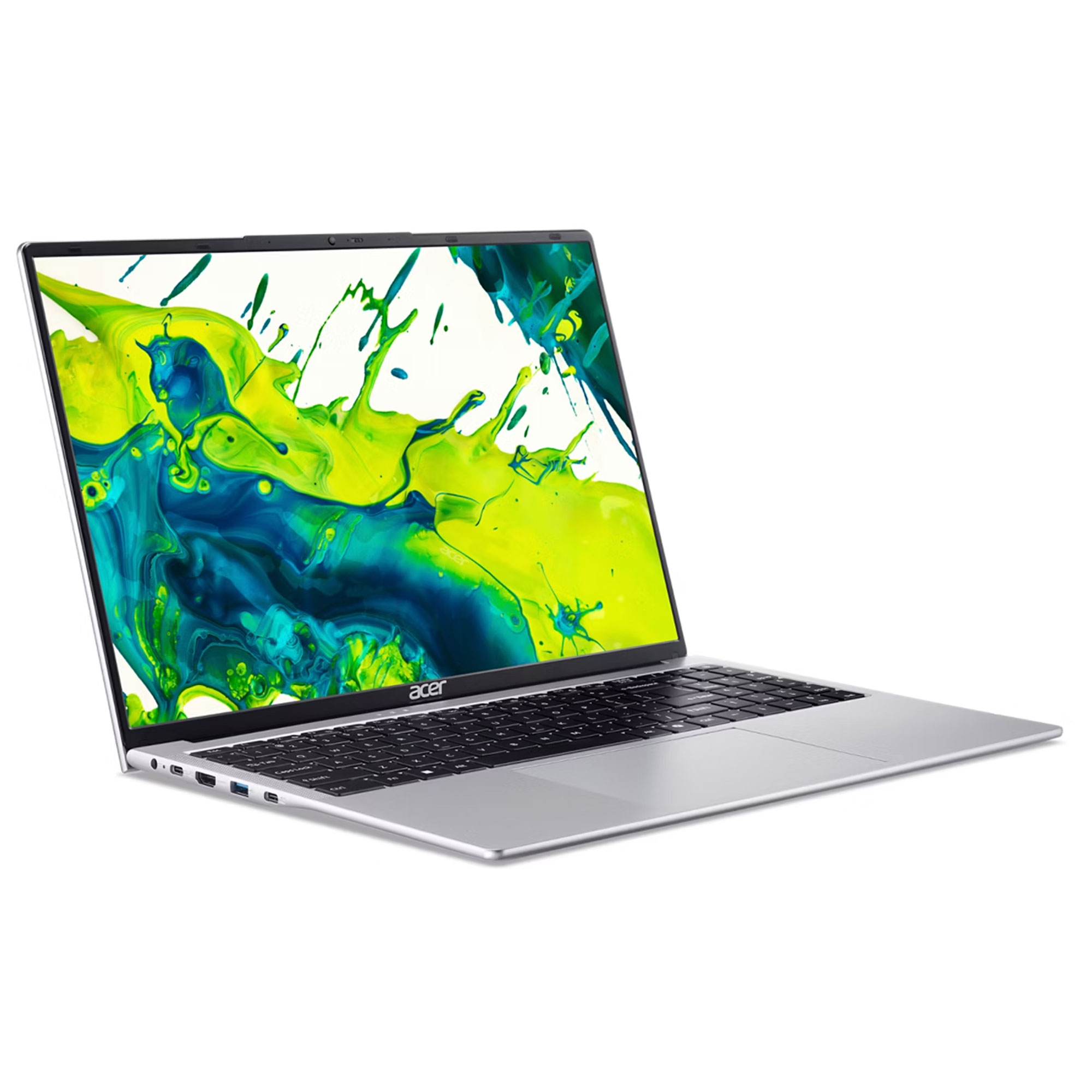 Beyaz arka planda yeşil ve mavi boya sıçramaları gösteren açık ekranlı gümüş renkli Acer dizüstü bilgisayar.