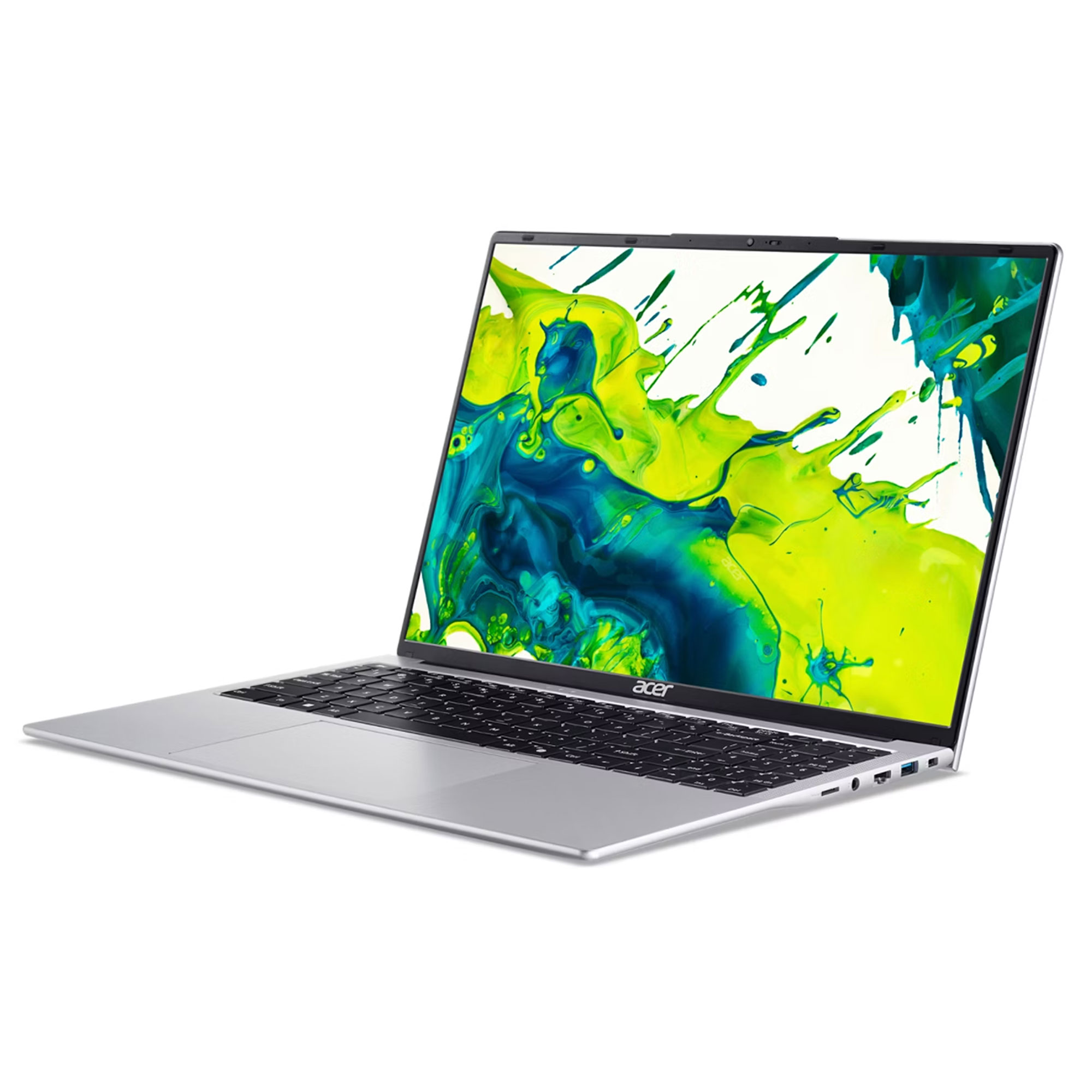 Beyaz arkaplanda renkli soyut yeşil ve mavi duvar kağıdına sahip açık gümüş renkli Acer dizüstü bilgisayar.