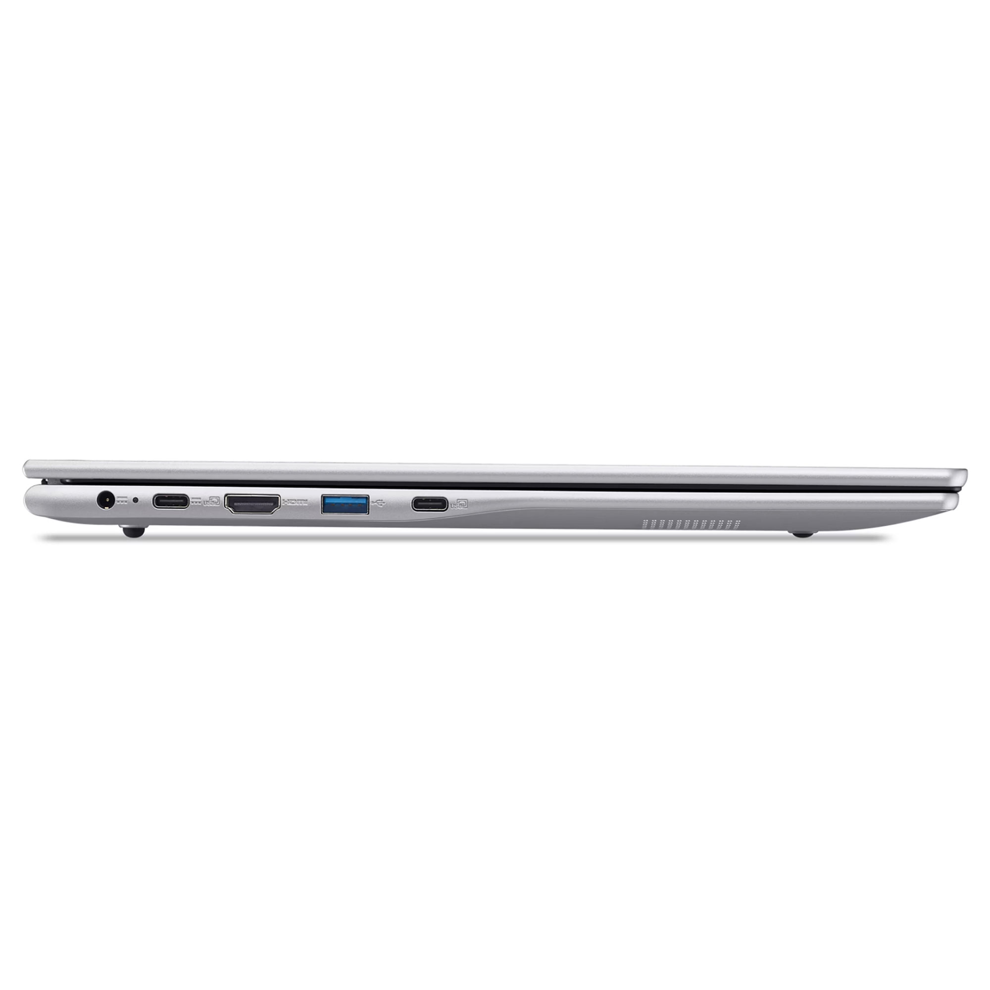 USB-C, HDMI ve USB gibi çeşitli bağlantı noktalarına sahip gümüş rengi bir dizüstü bilgisayarın yan görünümü.