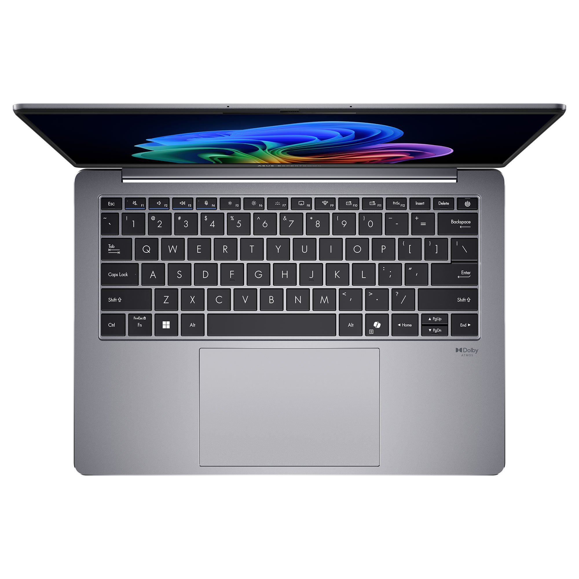 QWERTY klavyeli ve renkli ekranlı gri bir dizüstü bilgisayarın üstten görünümü.
