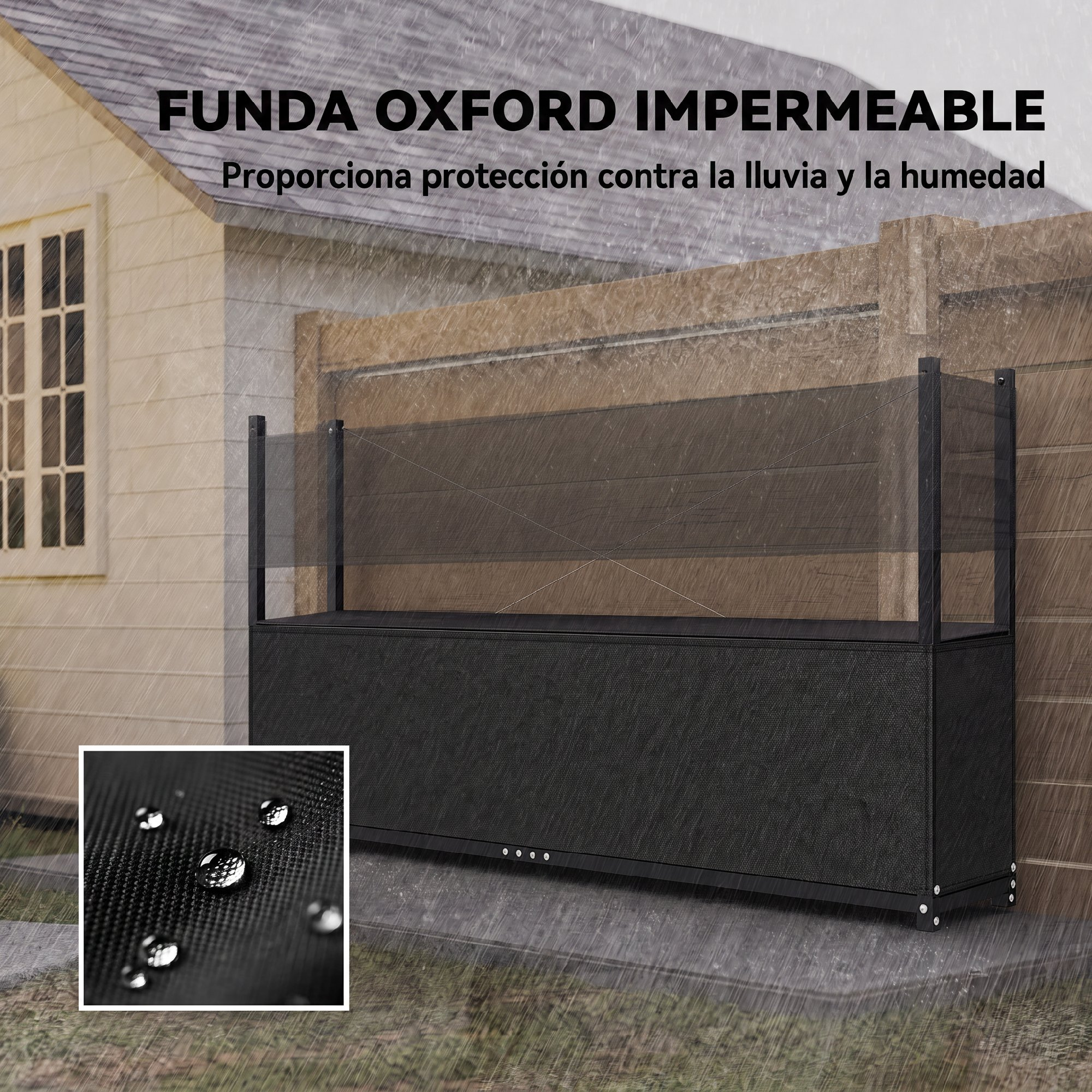 Cubierta negra de Oxford impermeable al aire libre bajo la lluvia, con acercamiento.