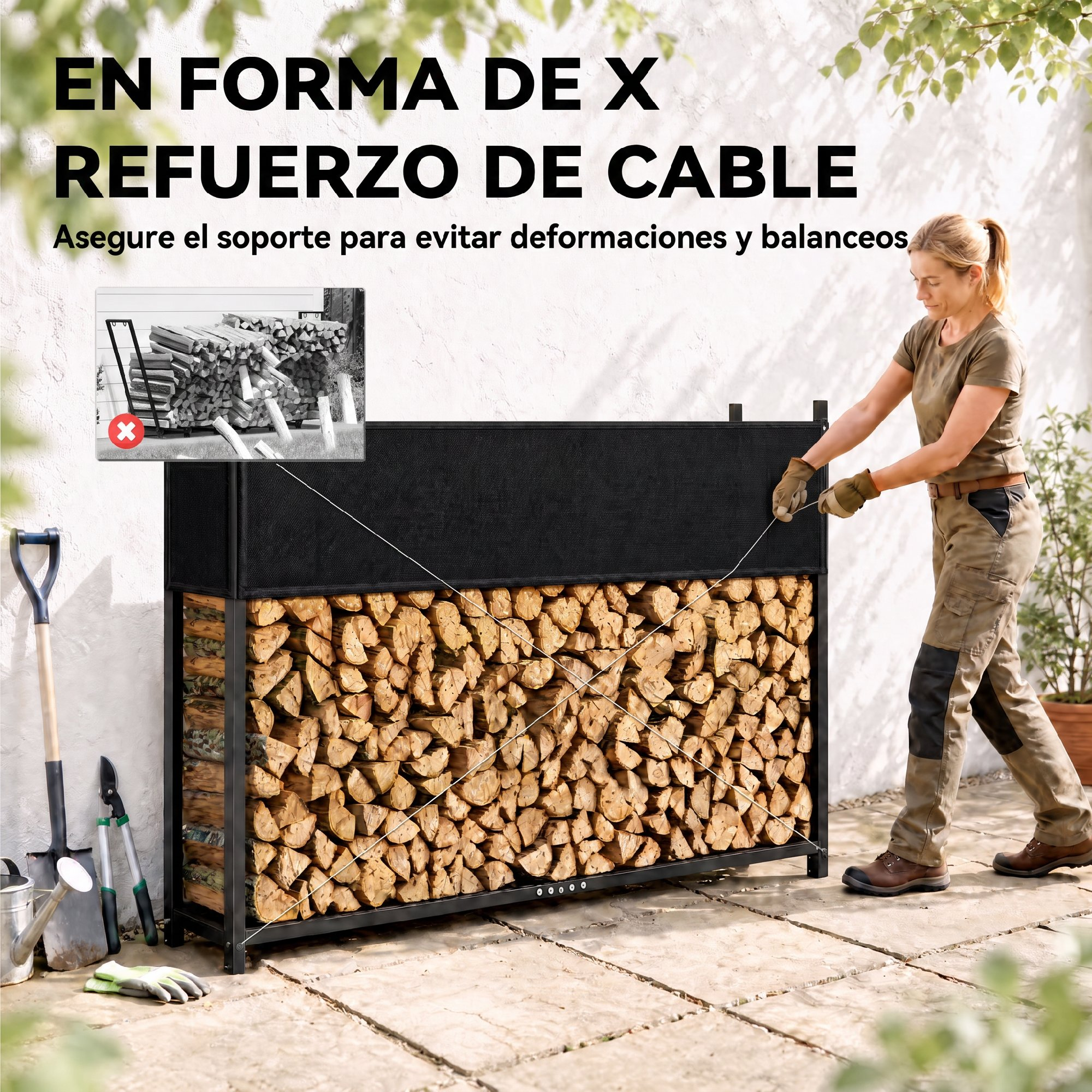 Mujer tensando cables en un leñero apilado con refuerzo en forma de X.