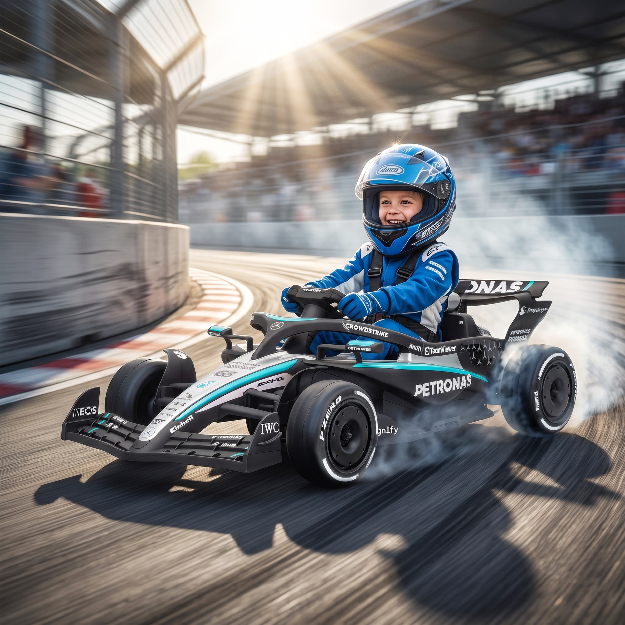 Un niño sonriente con traje de carreras azul y casco conduce un mini auto de Fórmula 1, generando humo.