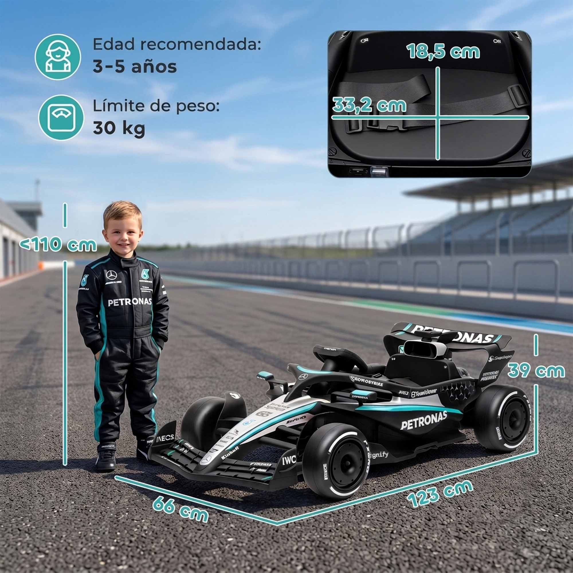Niño con traje de carreras junto a un coche de juguete de F1 de Petronas en una pista, con medidas.