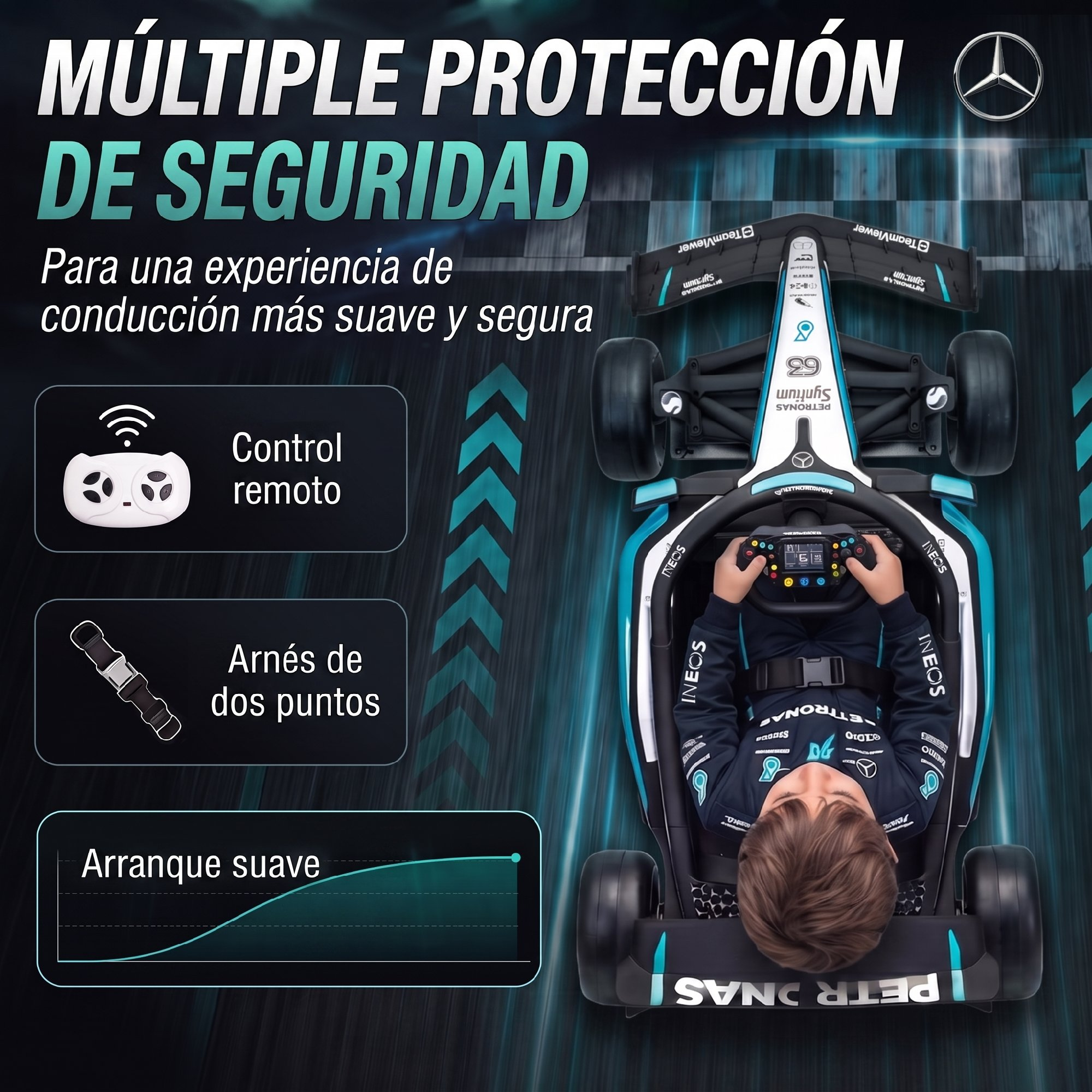 Un niño conduce un coche de juguete Mercedes F1 con control remoto, arnés y arranque suave.