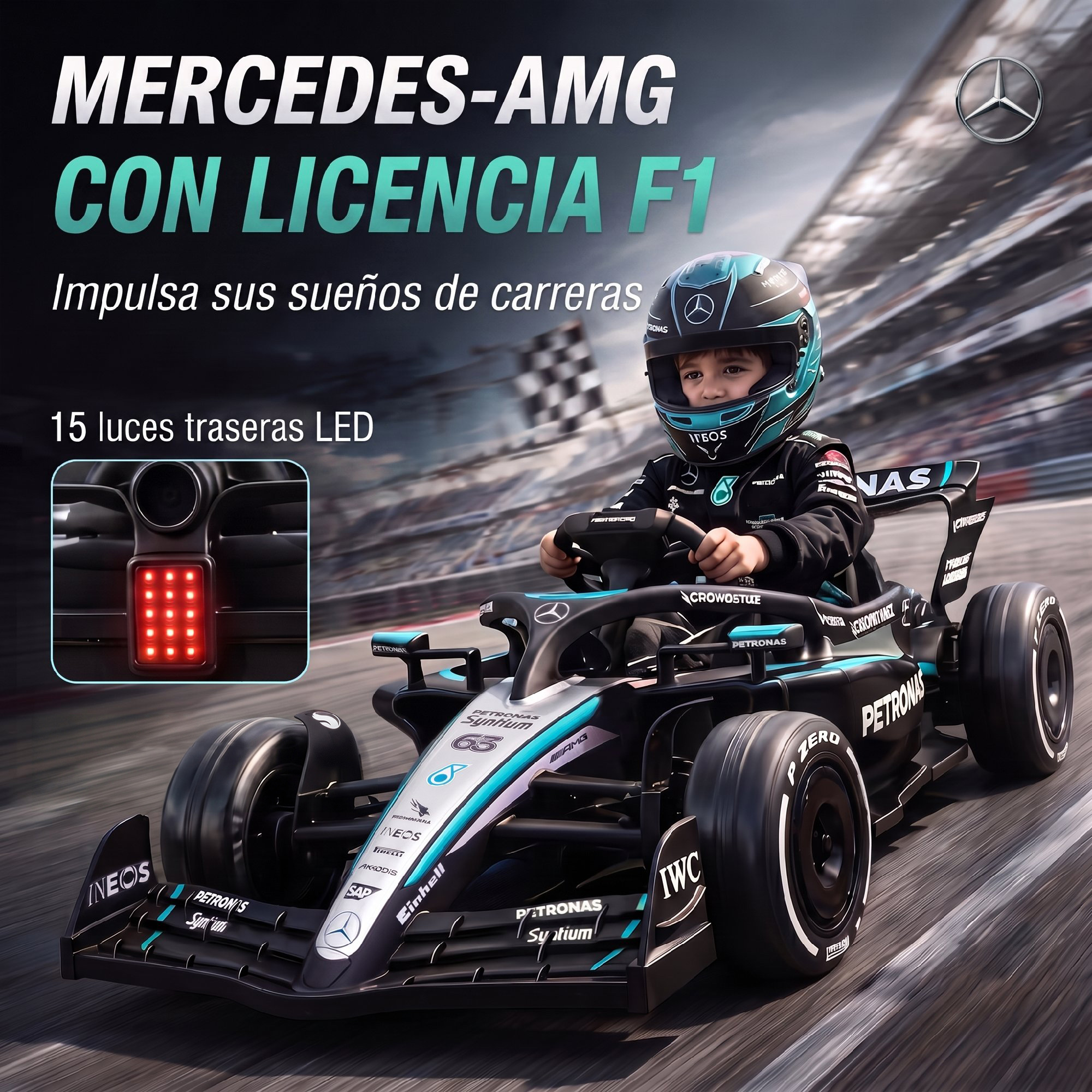 Un niño con equipo de carreras conduce un coche de F1 de Mercedes en una pista.