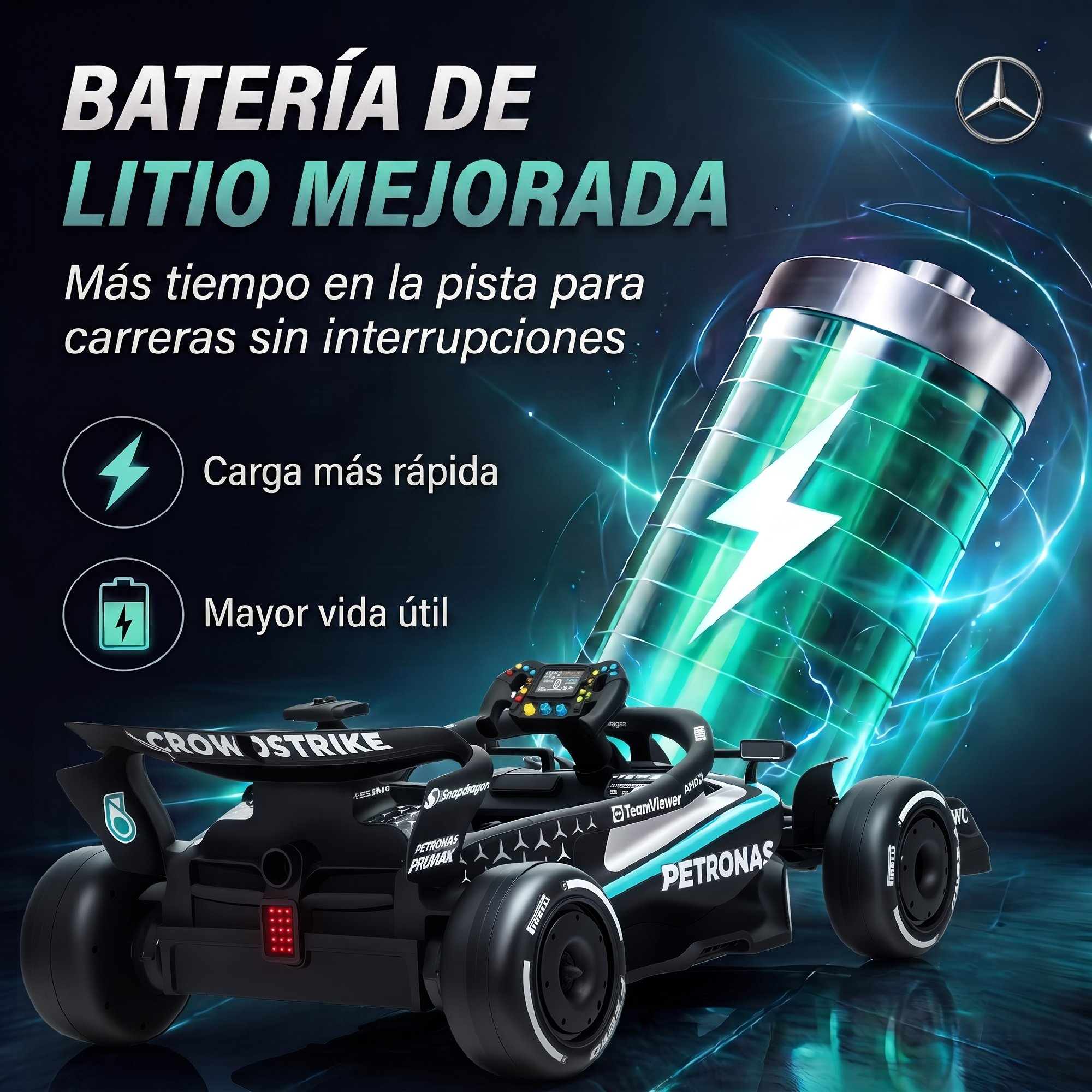 Un coche de F1 para niños de Mercedes con una gran batería de litio verde y texto sobre fondo oscuro.