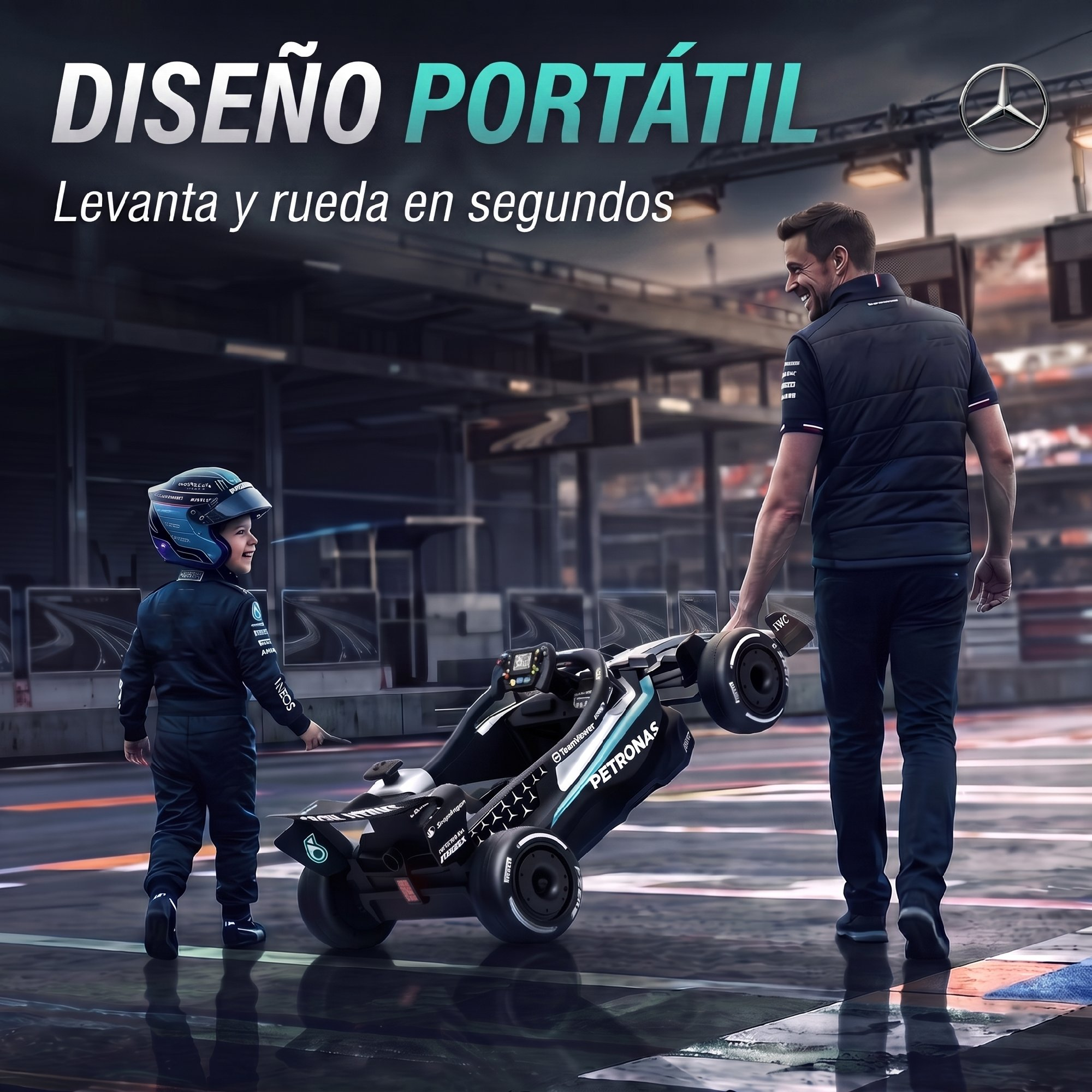 Un hombre y un niño con traje de carreras transportan un coche de carreras Petronas portátil.