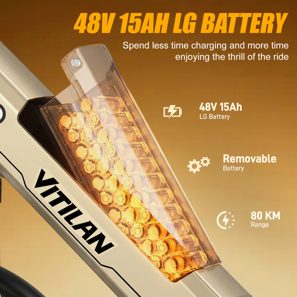 Batería LG dorada de 48V 15Ah para e-bikes, extraíble y con 80 km de autonomía.