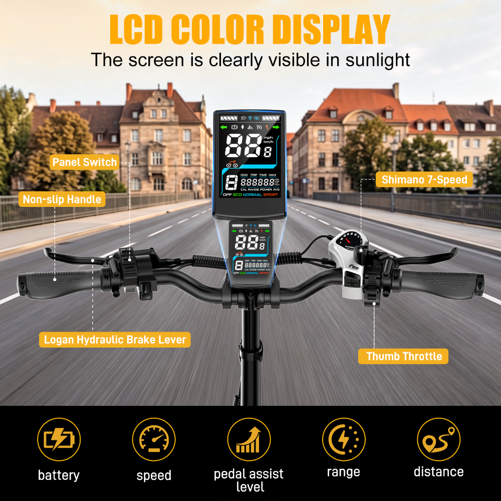 Manillar de bicicleta eléctrica con pantalla LCD, manetas de freno y acelerador de pulgar, etiquetado sobre calle.