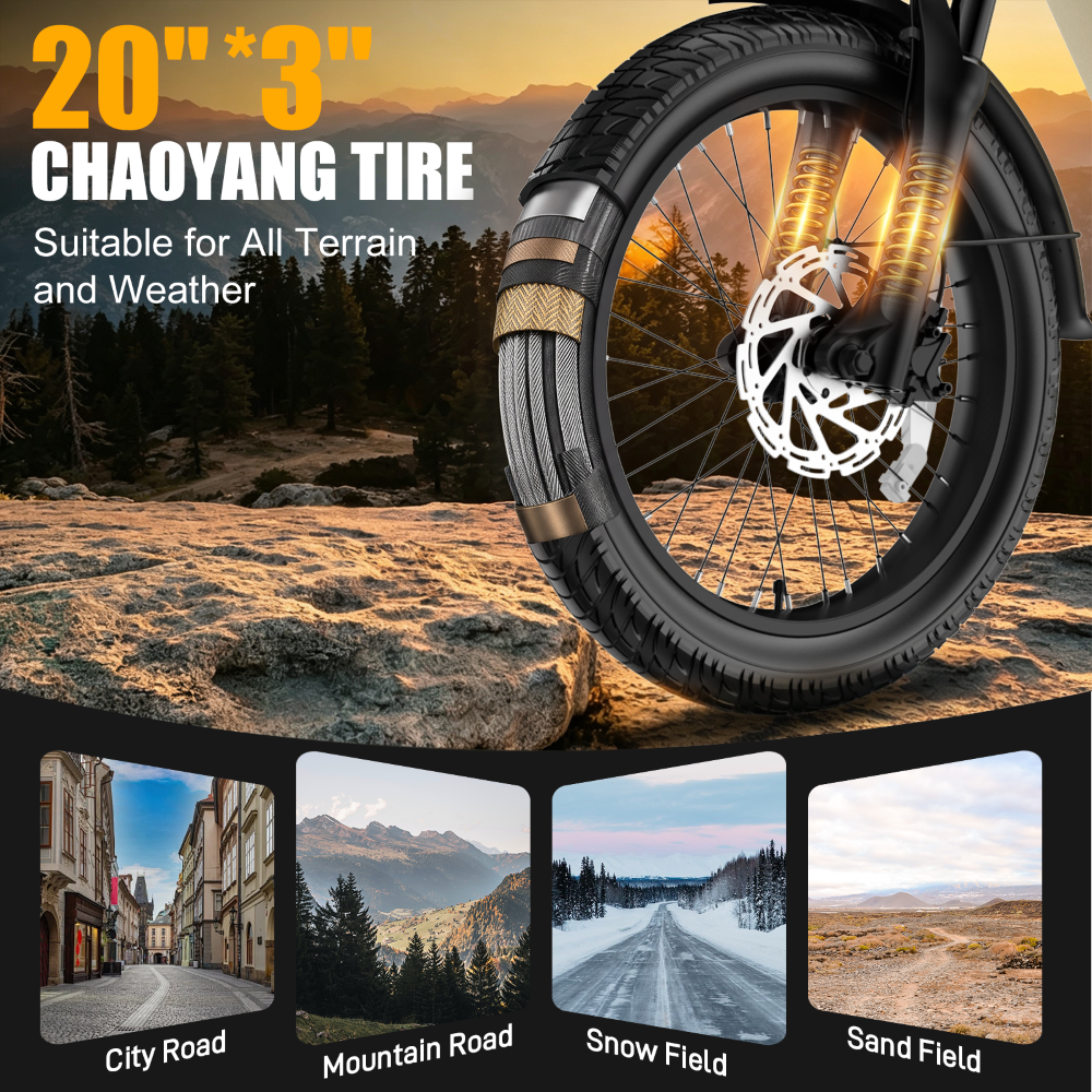 Un neumático Chaoyang de 20x3 pulgadas para todo terreno, con cuatro imágenes pequeñas de diferentes caminos.