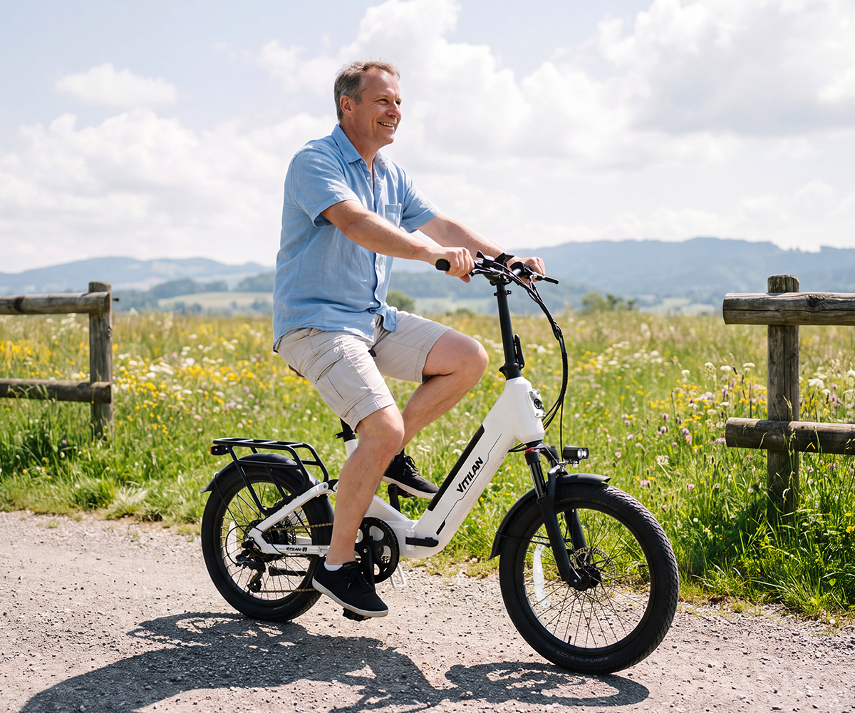 Un hombre con camisa azul y pantalones cortos monta en una bicicleta eléctrica blanca por un camino de tierra junto a un prado.