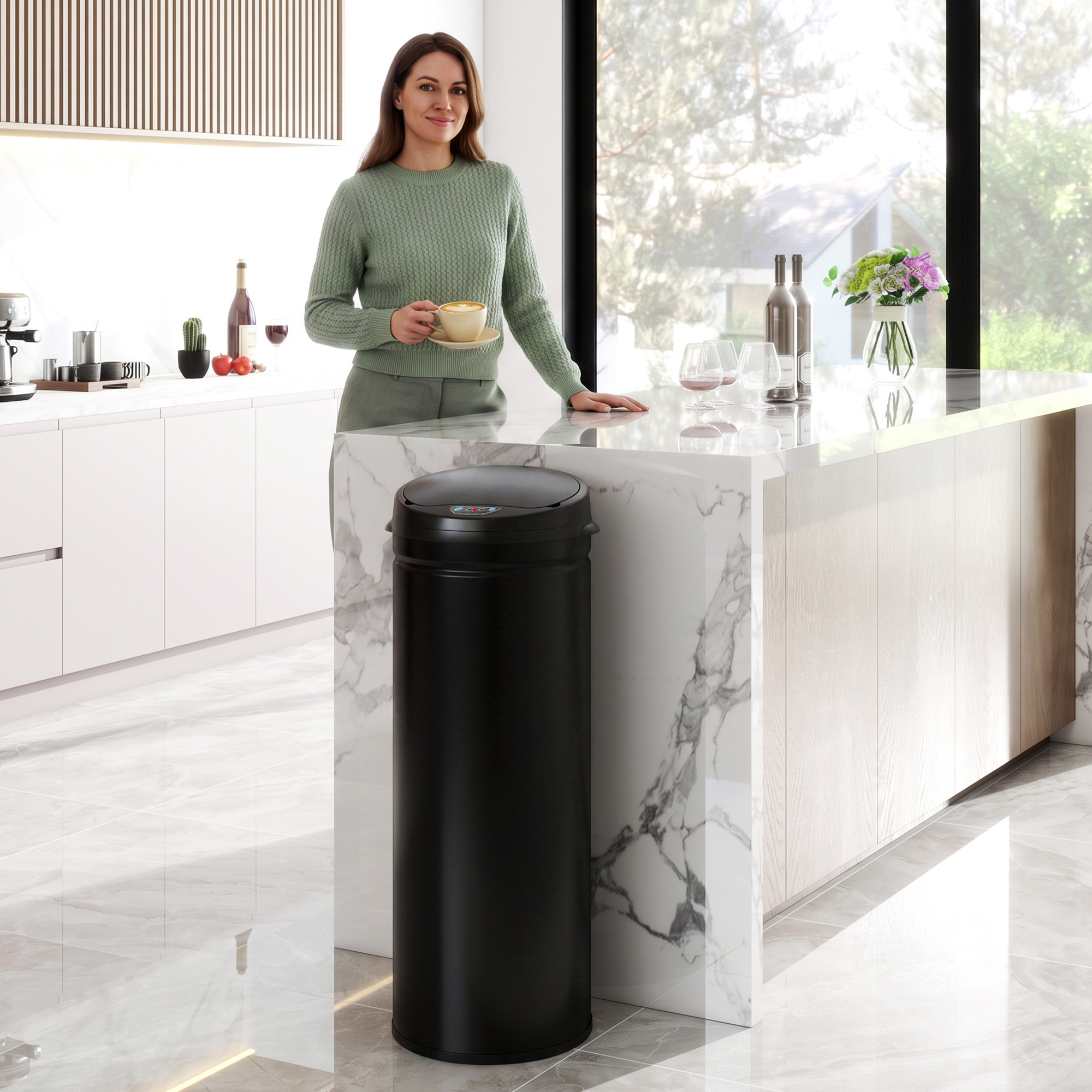 Una mujer sostiene una taza de café en una cocina moderna junto a un bote de basura negro cilíndrico.