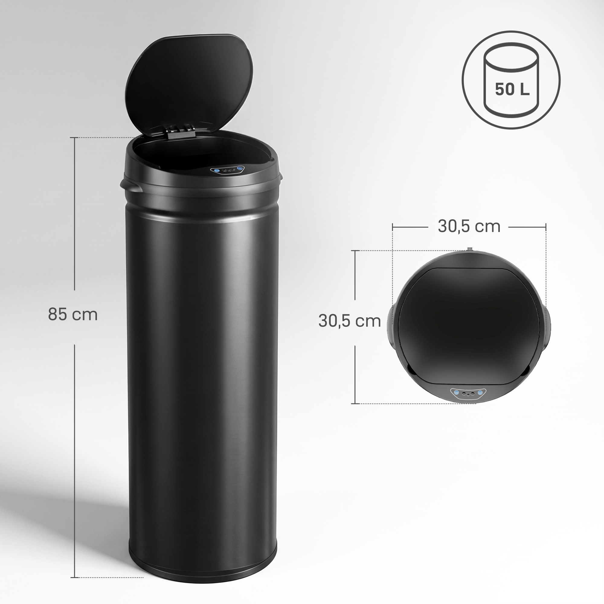 Papelera negra con sensor de 50L y dimensiones: 85 cm de alto y 30,5 cm de diámetro.