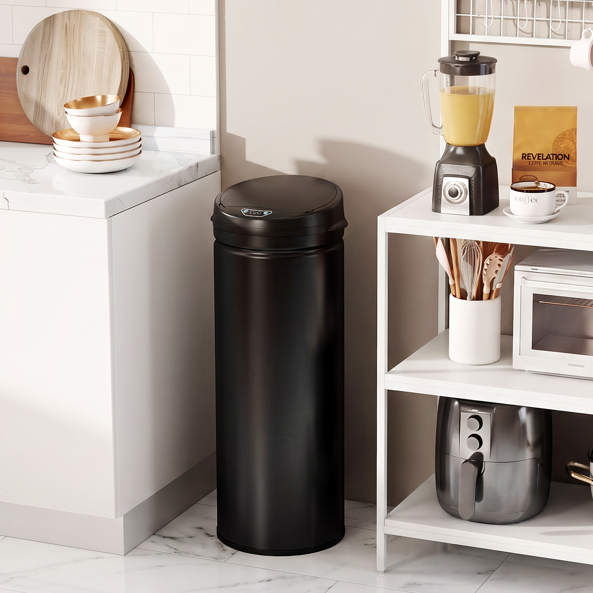 Un cubo de basura automático negro se encuentra en una cocina entre un armario blanco y una estantería blanca.