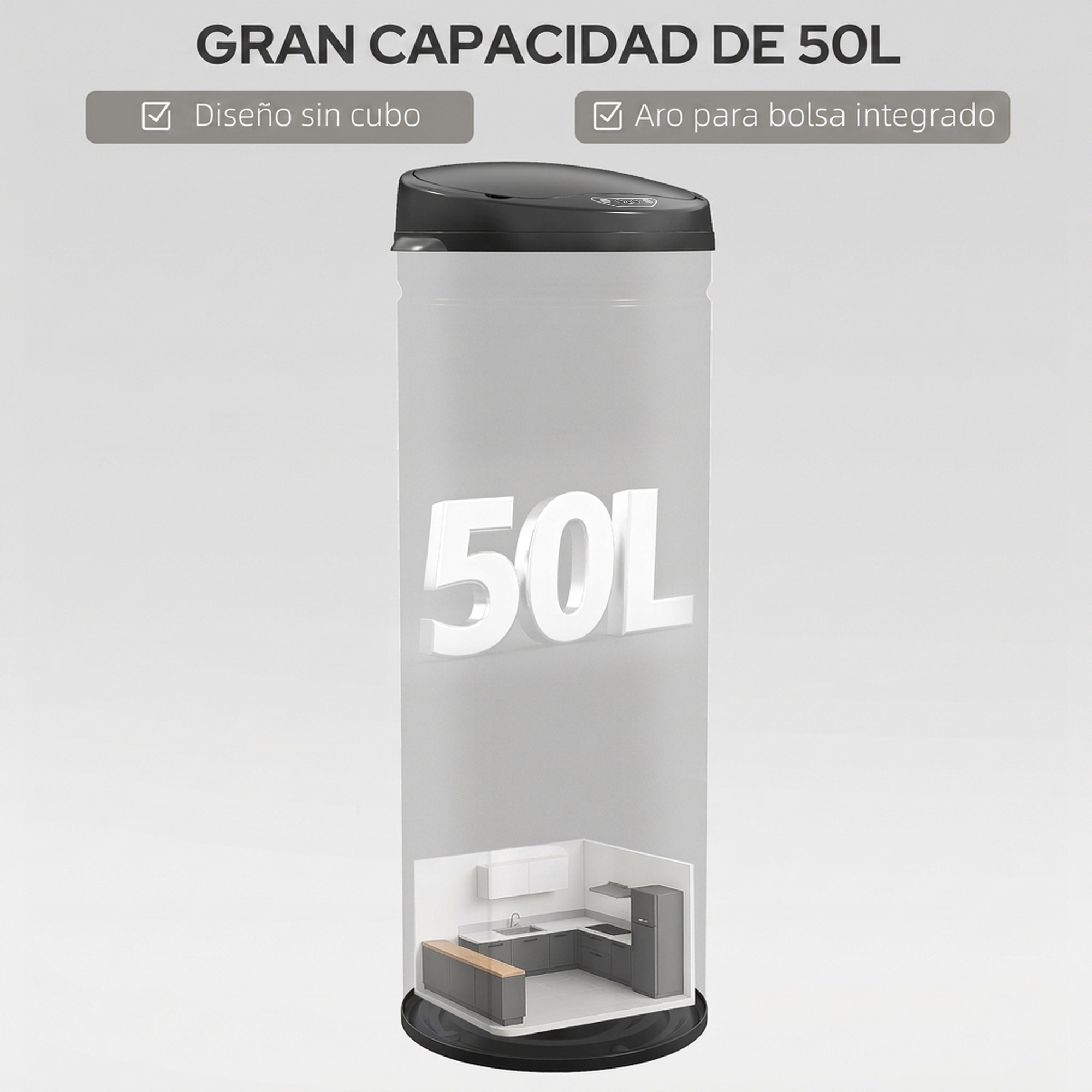 Un cubo de basura de 50L transparente que muestra una cocina pequeña en su interior, con texto e iconos.