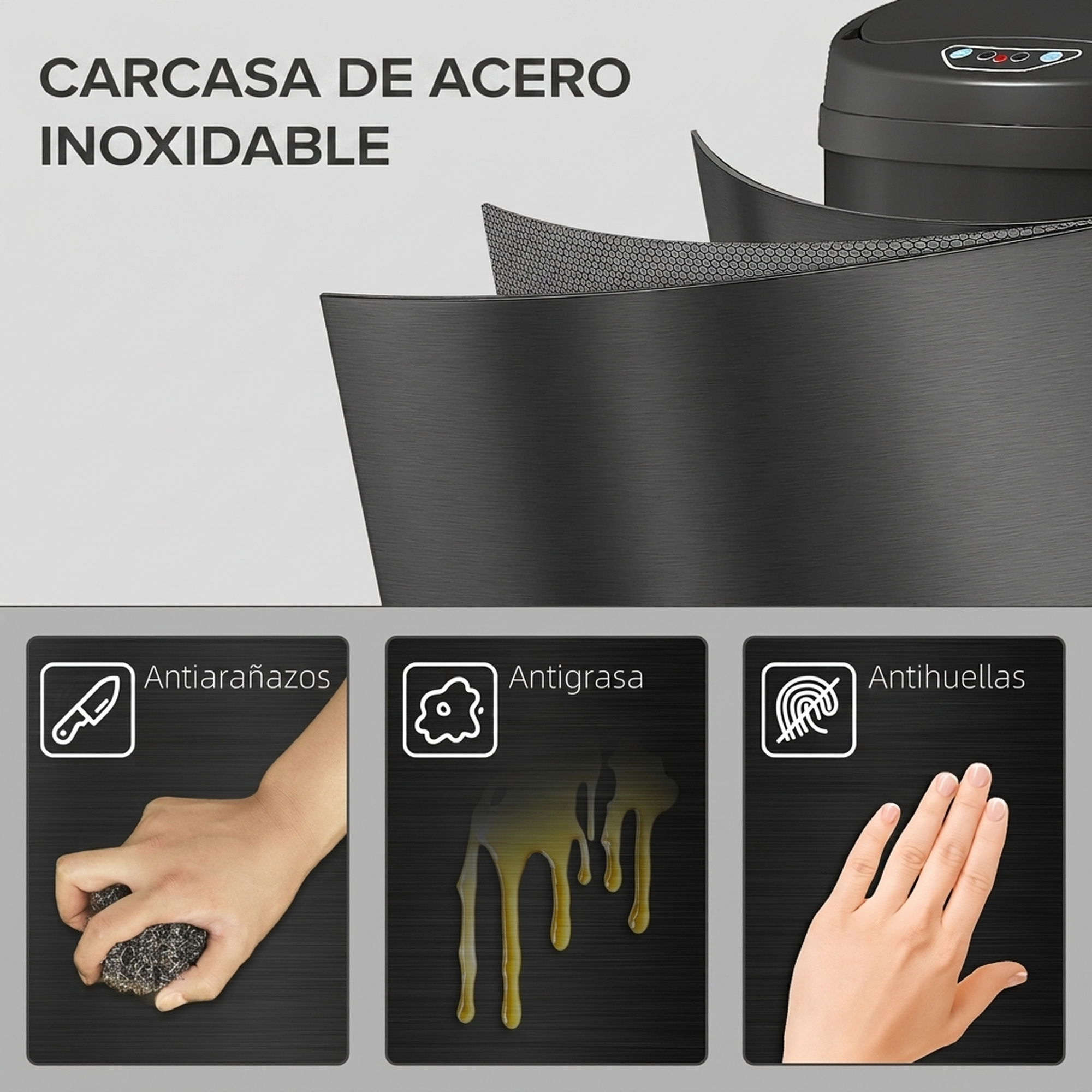 Diagrama que muestra carcasa de acero inoxidable con funciones antiarañazos, antigrasa y antihuellas.