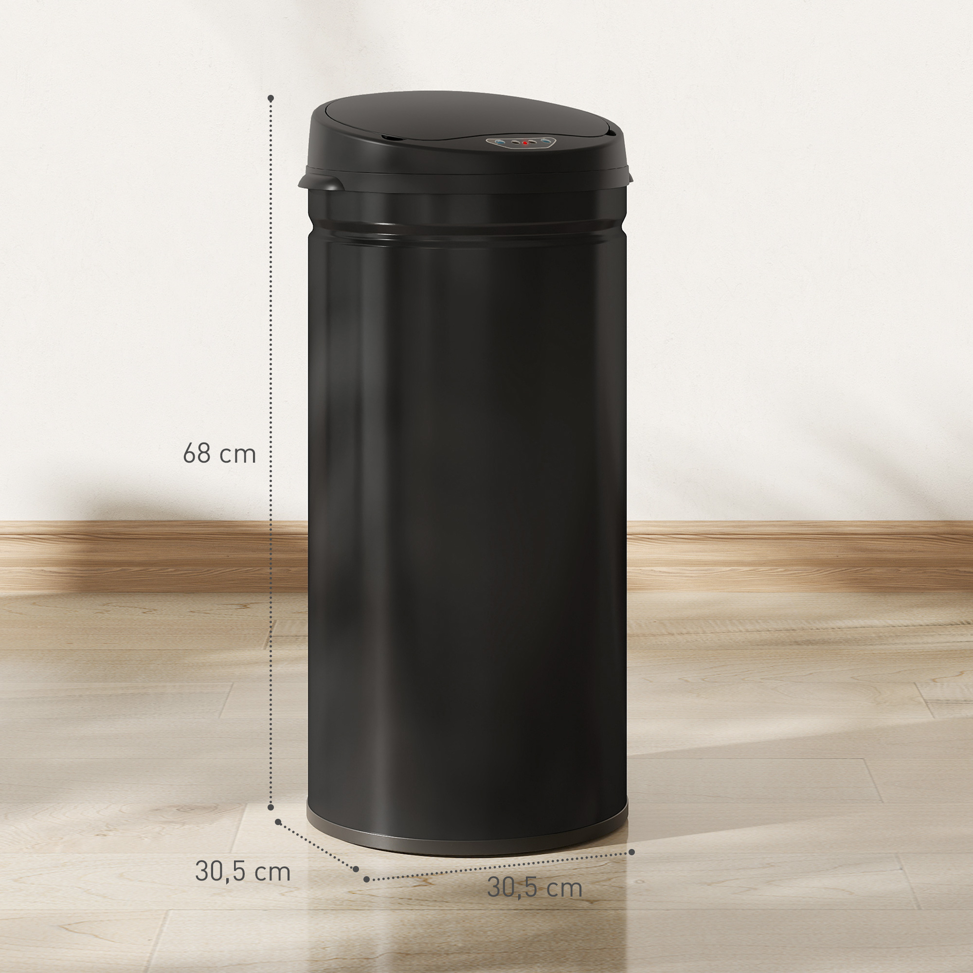 Un cubo de basura cilíndrico negro con sensor se encuentra en una habitación, con medidas de altura y anchura.