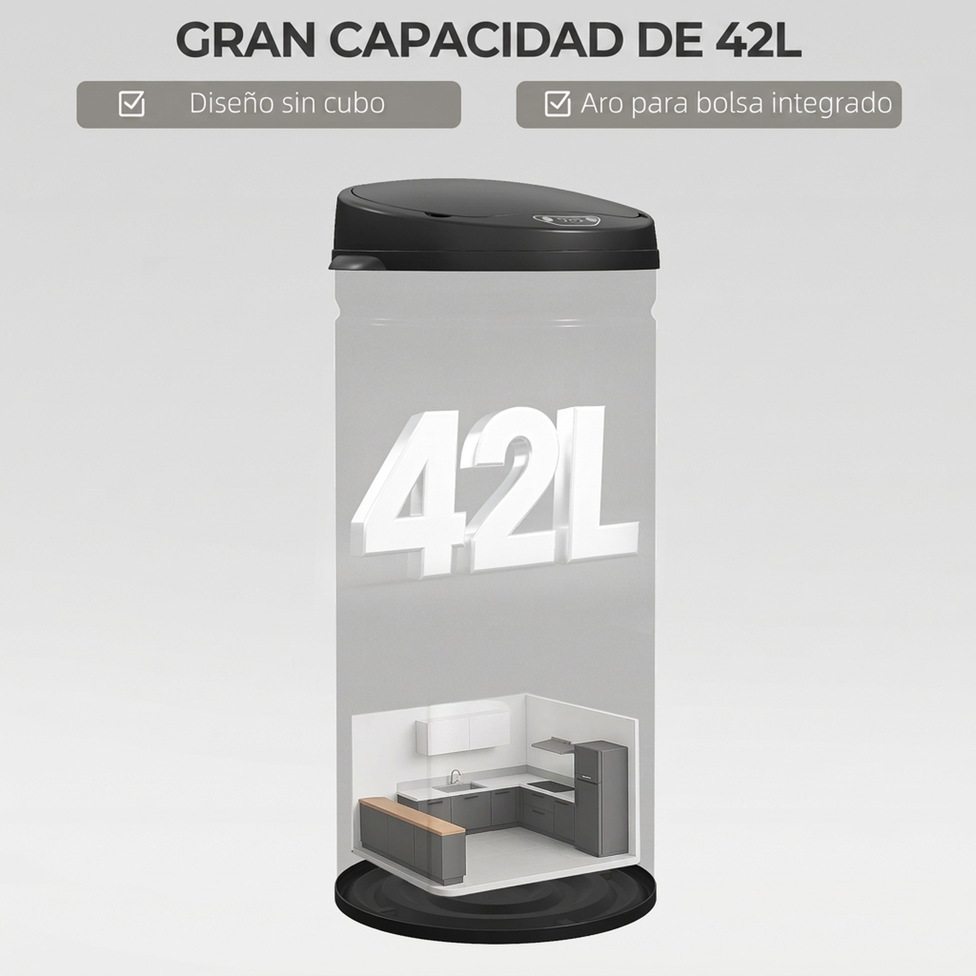 Un cubo de basura de 42L que contiene una cocina en miniatura dentro, con texto arriba.