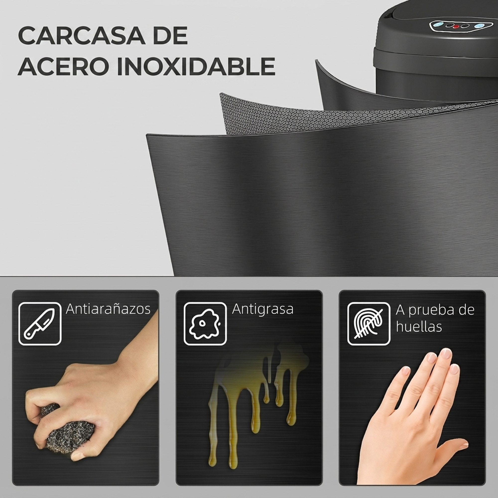 Carcasa de acero inoxidable con iconos antiarañazos, antigrasa y antihuellas.