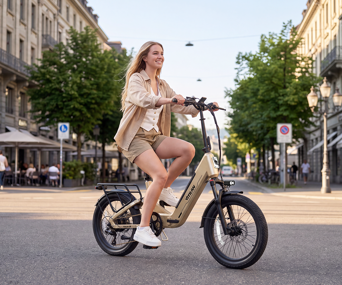 Una mujer rubia sonriente monta en bicicleta eléctrica beis en una calle soleada de la ciudad con edificios y árboles.