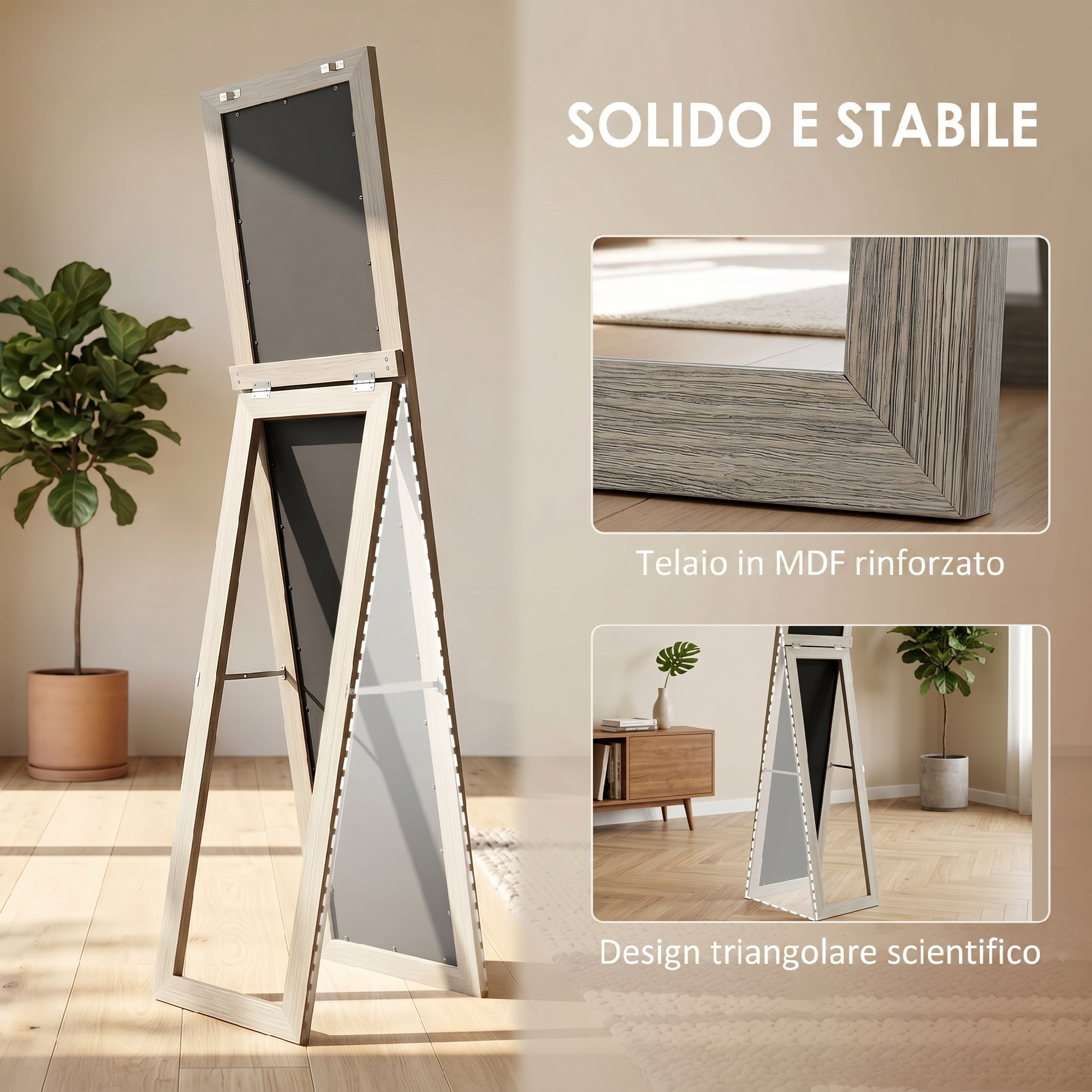 Un espejo de pie resistente con marco de madera triangular, suelo de madera y una planta en maceta al fondo.