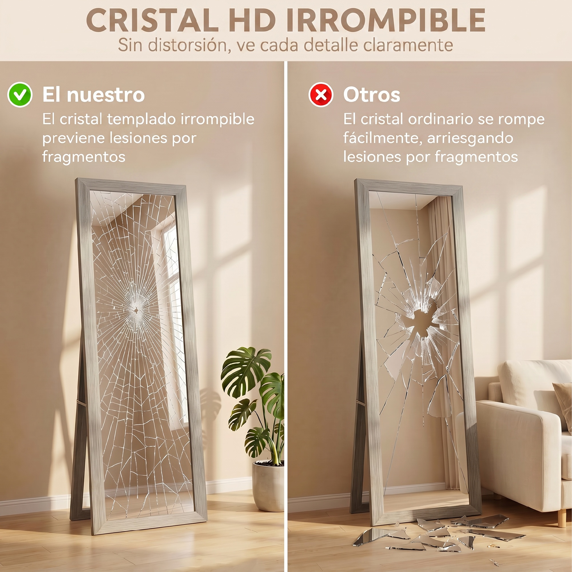Comparación de espejos: El izquierdo es irrompible con grietas finas, el derecho se rompe en esquirlas.