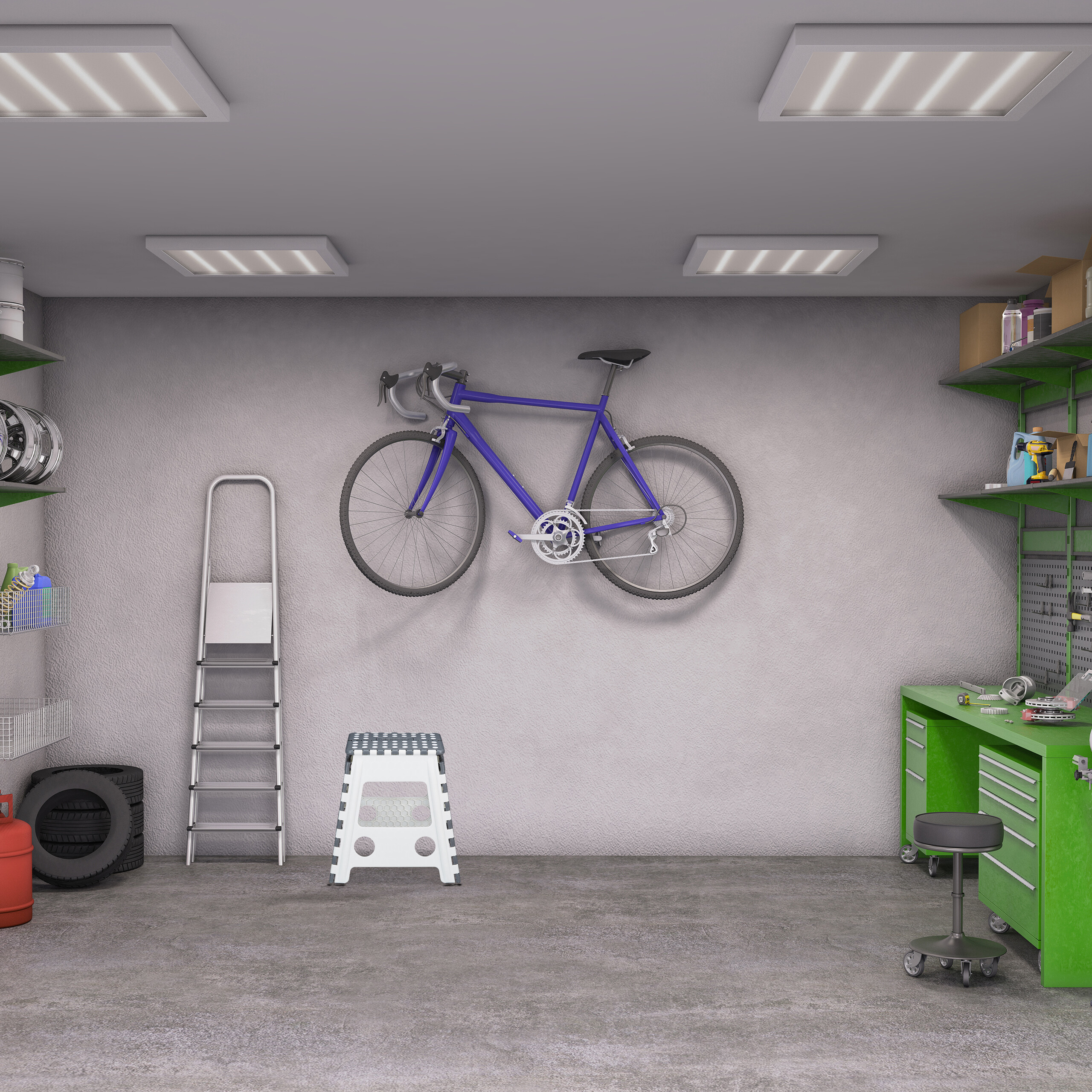 Eine graue Garage mit einem blauen Fahrrad an der Wand, einer Leiter, einem Werkbank und Reifen.