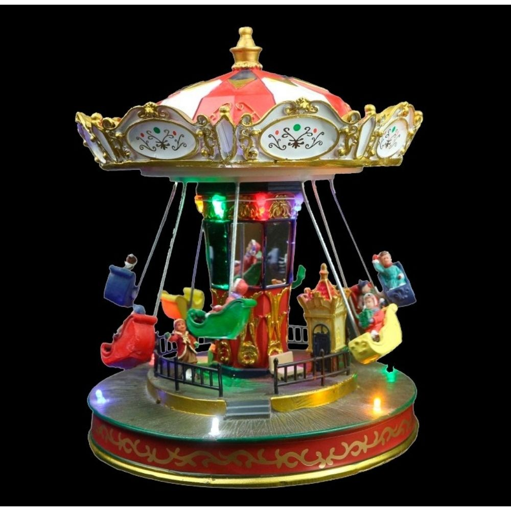 Un tiovivo colorido e iluminado con pequeñas figuras en asientos de colores sobre fondo negro.
