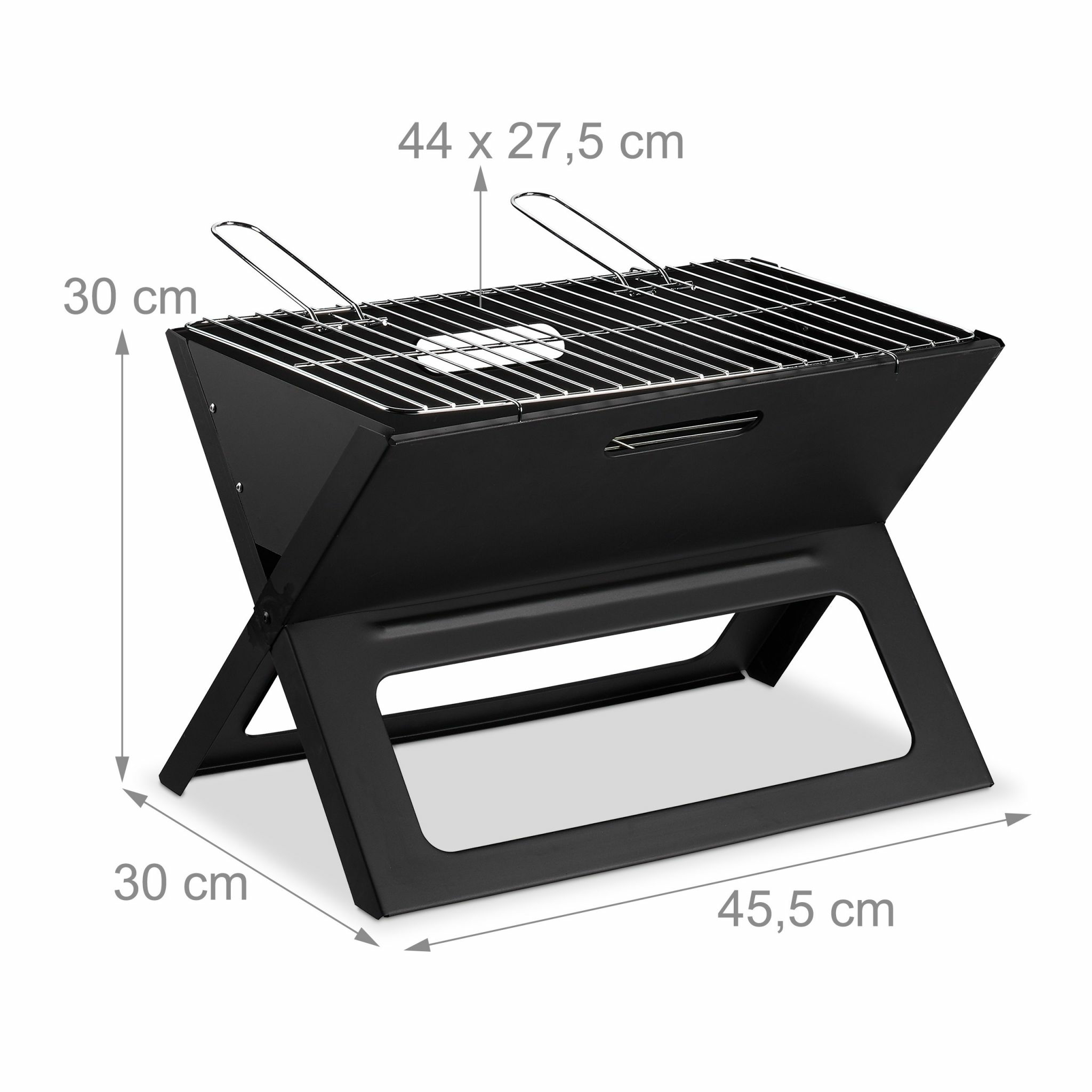 Ein tragbarer schwarzer Holzkohlegrill mit X-förmigem Gestell und den Abmessungen 45,5x30x30 cm auf weißem Hintergrund.