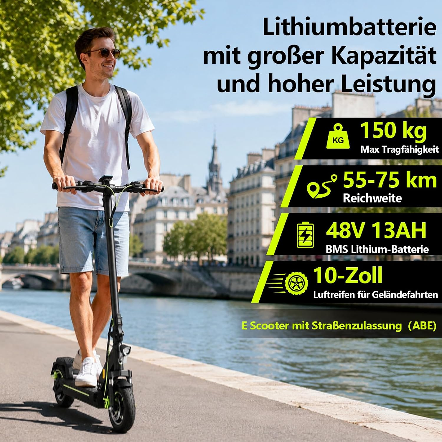 Ein Mann fährt auf einer Uferpromenade einen E-Scooter mit Technischen Daten im Hintergrund.