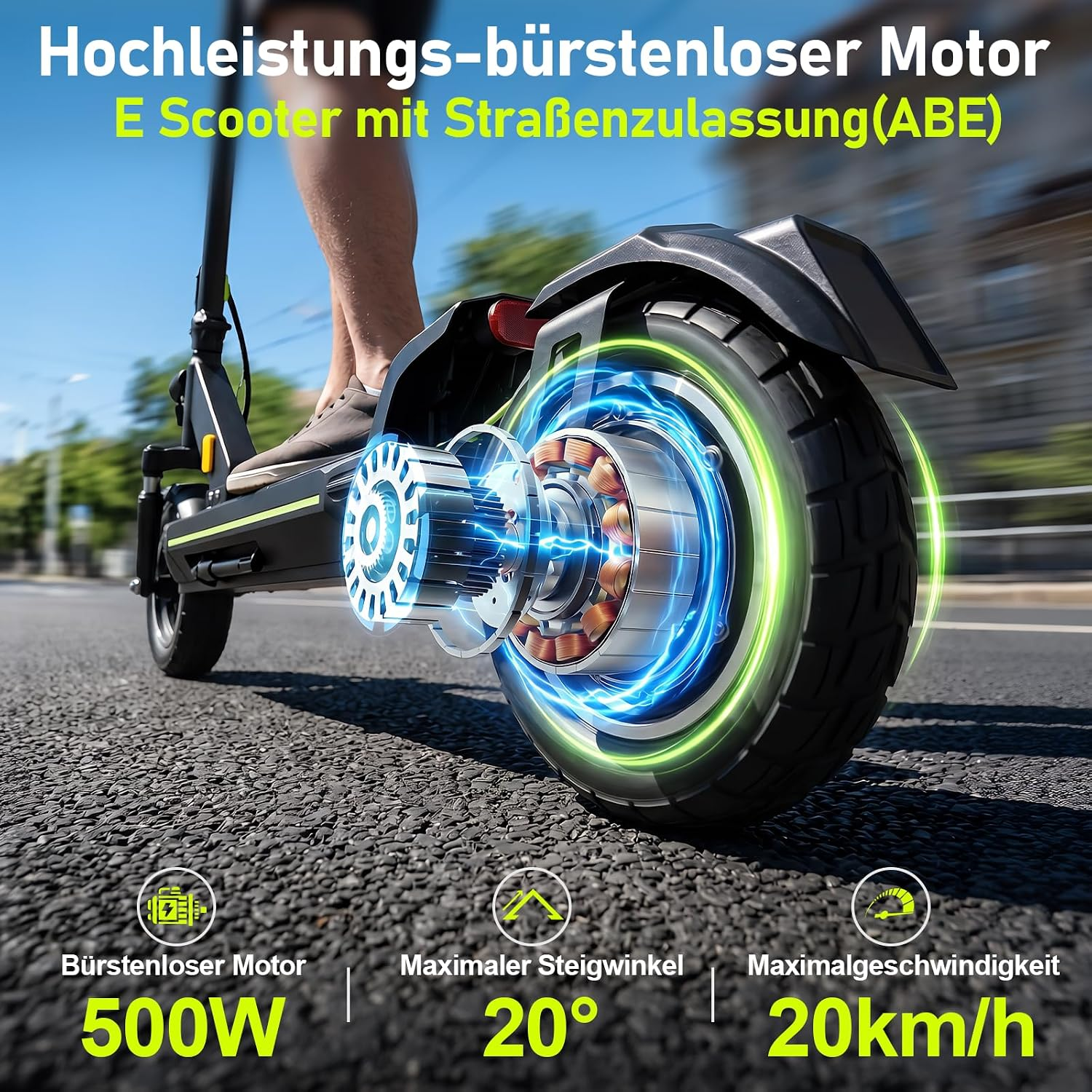 Nahaufnahme des E-Scooter-Hinterrads mit leuchtendem 500W-Motor und technischen Daten wie 20km/h.