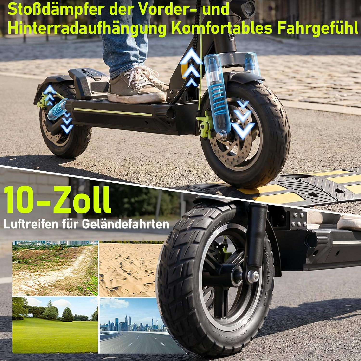 E-Scooter mit Stoßdämpfern vorn und hinten sowie 10-Zoll-Luftreifen für verschiedene Geländearten.