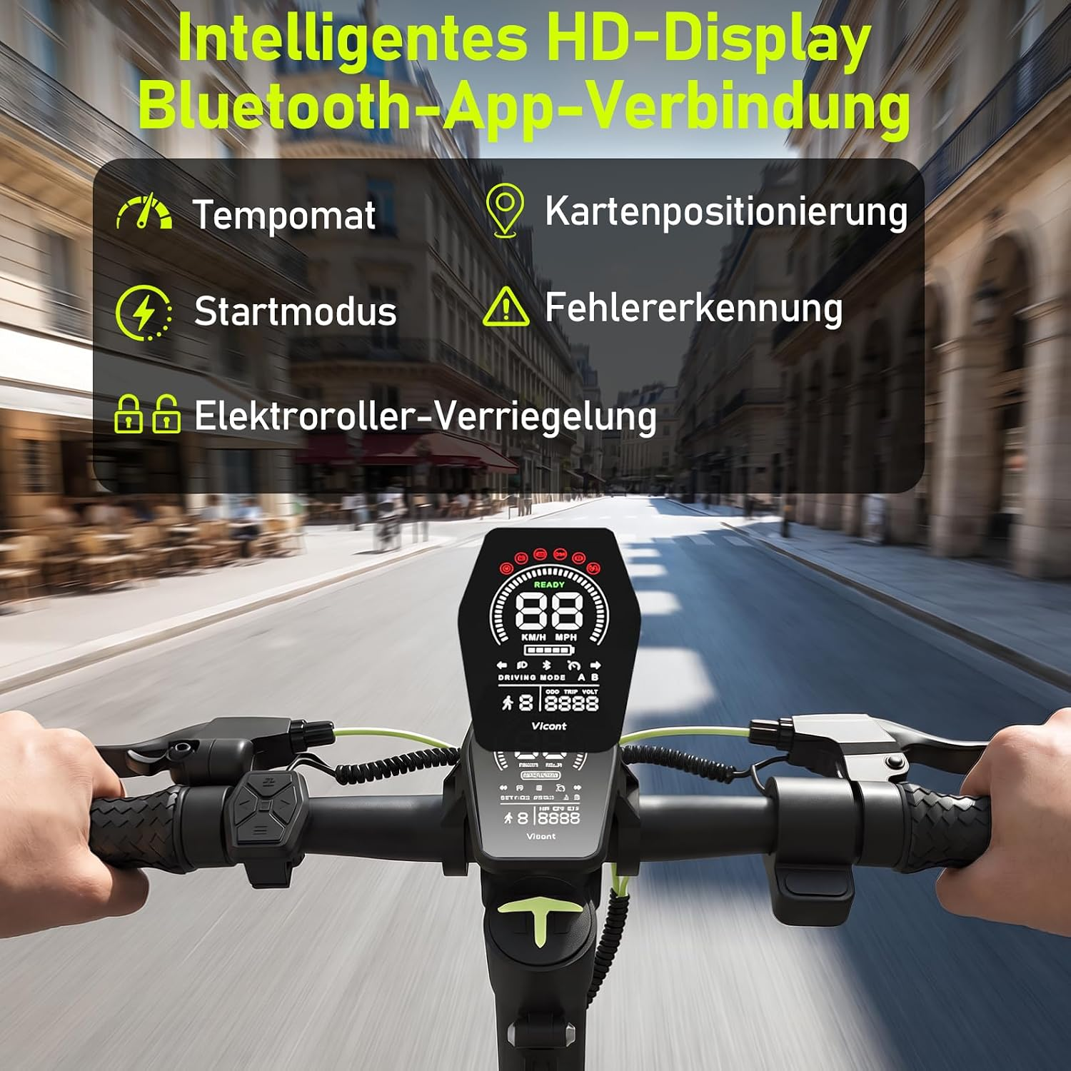 Fahrerperspektive auf einem E-Scooter mit digitalem Display auf einer Straße.