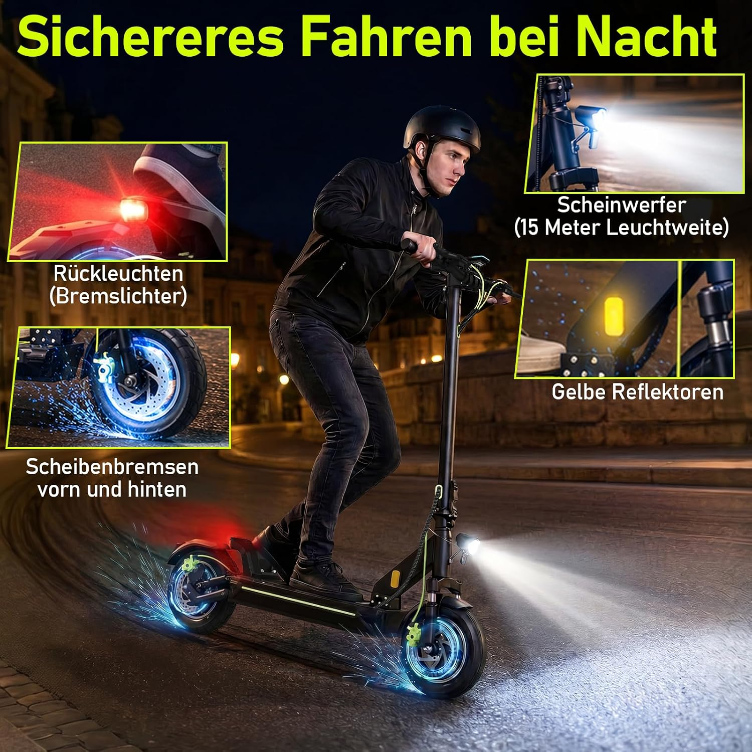 Ein Mann fährt nachts E-Scooter und zeigt Scheinwerfer, Rücklichter und Scheibenbremsen.