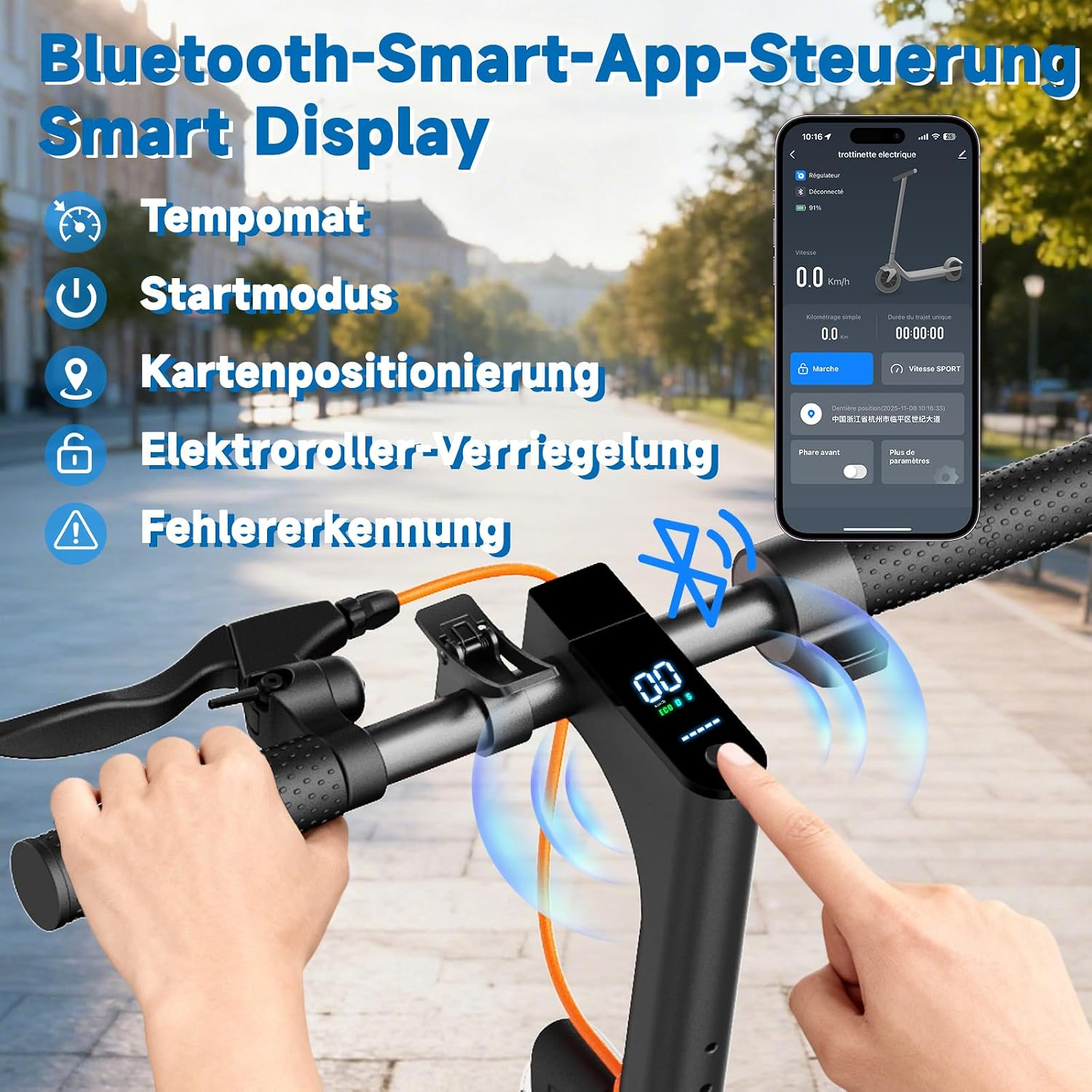 E-Scooter-Lenker mit Display, Bluetooth-Symbol und Smartphone-App-Steuerung im Hintergrund.