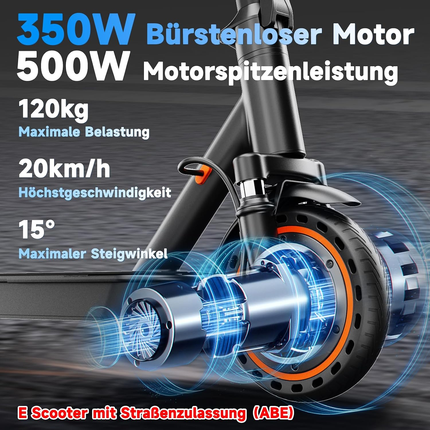 E-Scooter mit 350W bürstenlosem Motor, 120kg Belastung, 20km/h Höchstgeschwindigkeit und 15 Grad Steigwinkel.