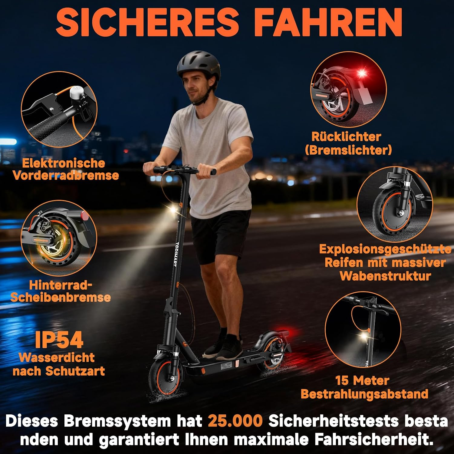 Ein Mann fährt nachts auf einem E-Scooter, umgeben von Detailansichten technischer Sicherheitsmerkmale.