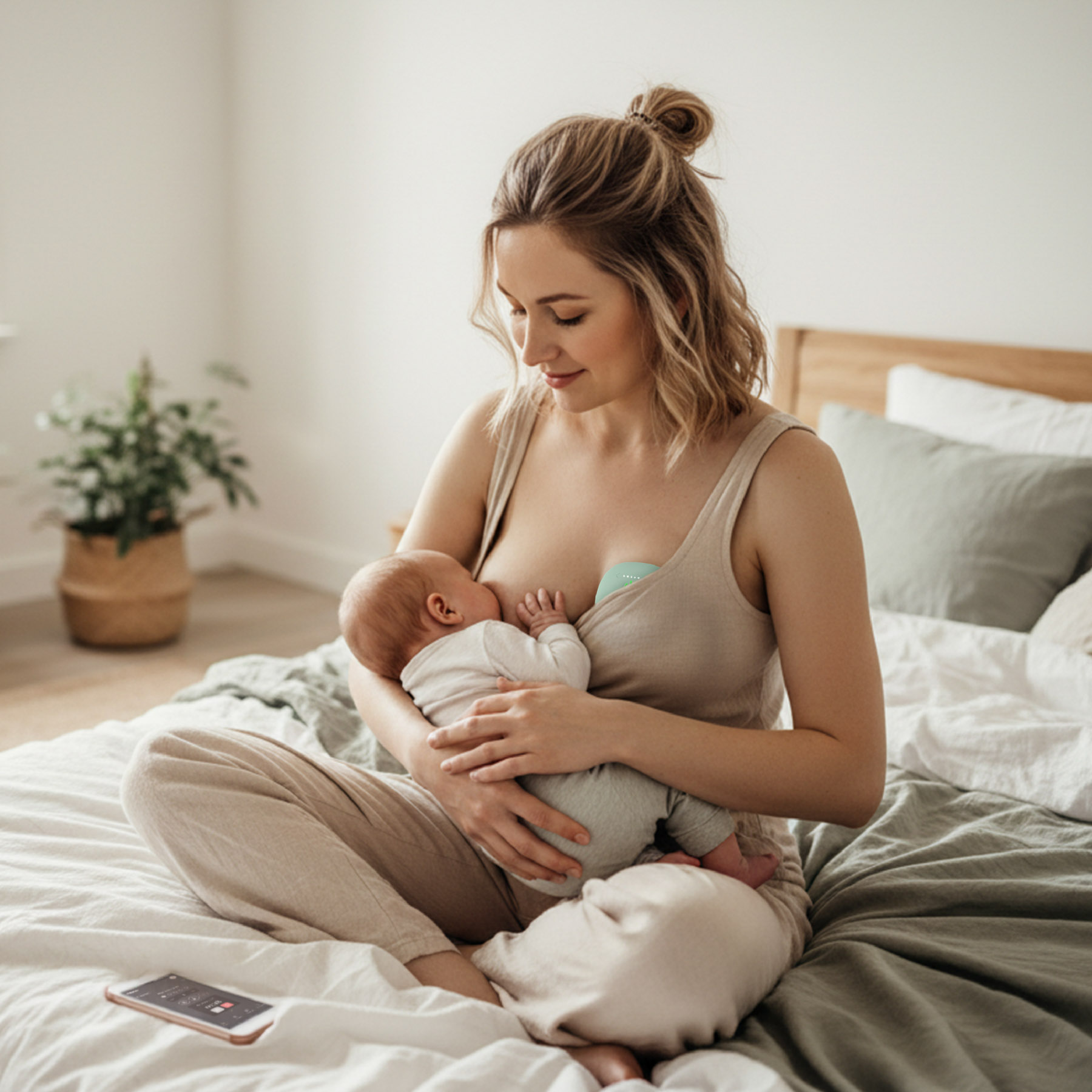 Eine Frau in einem beigen Tanktop stillt ihr Baby auf einem gemütlichen Bett, im Hintergrund ist eine Pflanze zu sehen.