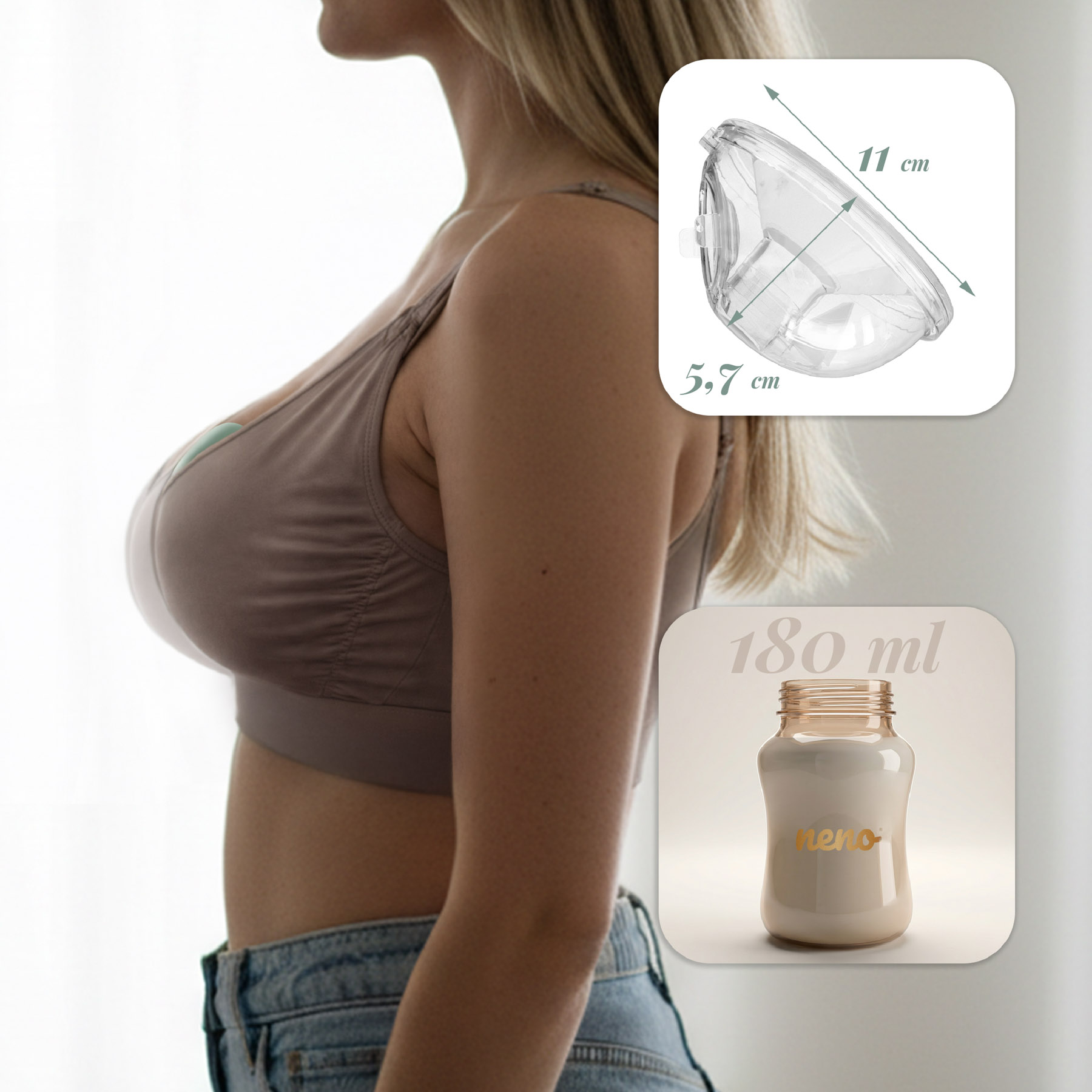 Eine Frau in einem BH, mit eingefügten Bildern einer Milchpumpe und einer 180-ml-Flasche.