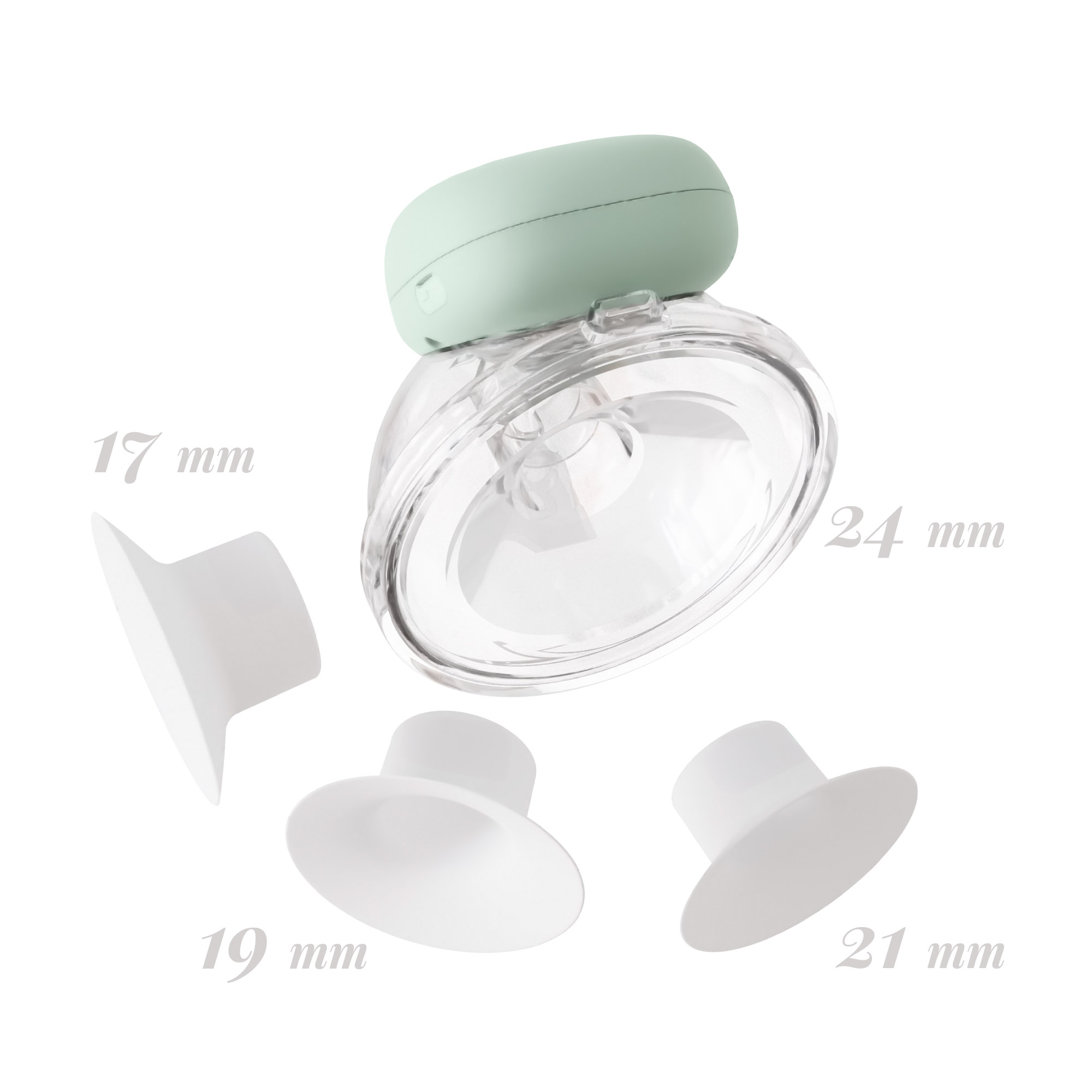 Eine mintgrüne und transparente Milchpumpe mit drei weißen Einsätzen mit den Aufschriften 17mm, 19mm, 21mm und 24mm.